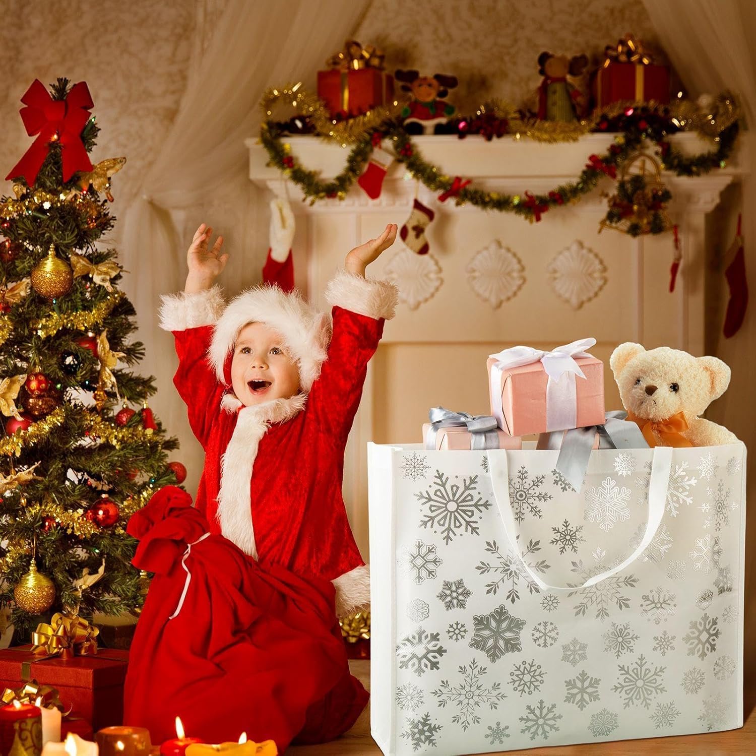 PerKoop 4 Pcs Extra Large Christmas Snowflake Gift Bag 20 x 16 Inch Jumbo Metallic Silver Bag Large Tote with Handles Christmas Tree Reusable Non Woven Gift for Xmas Party Favor Supplies