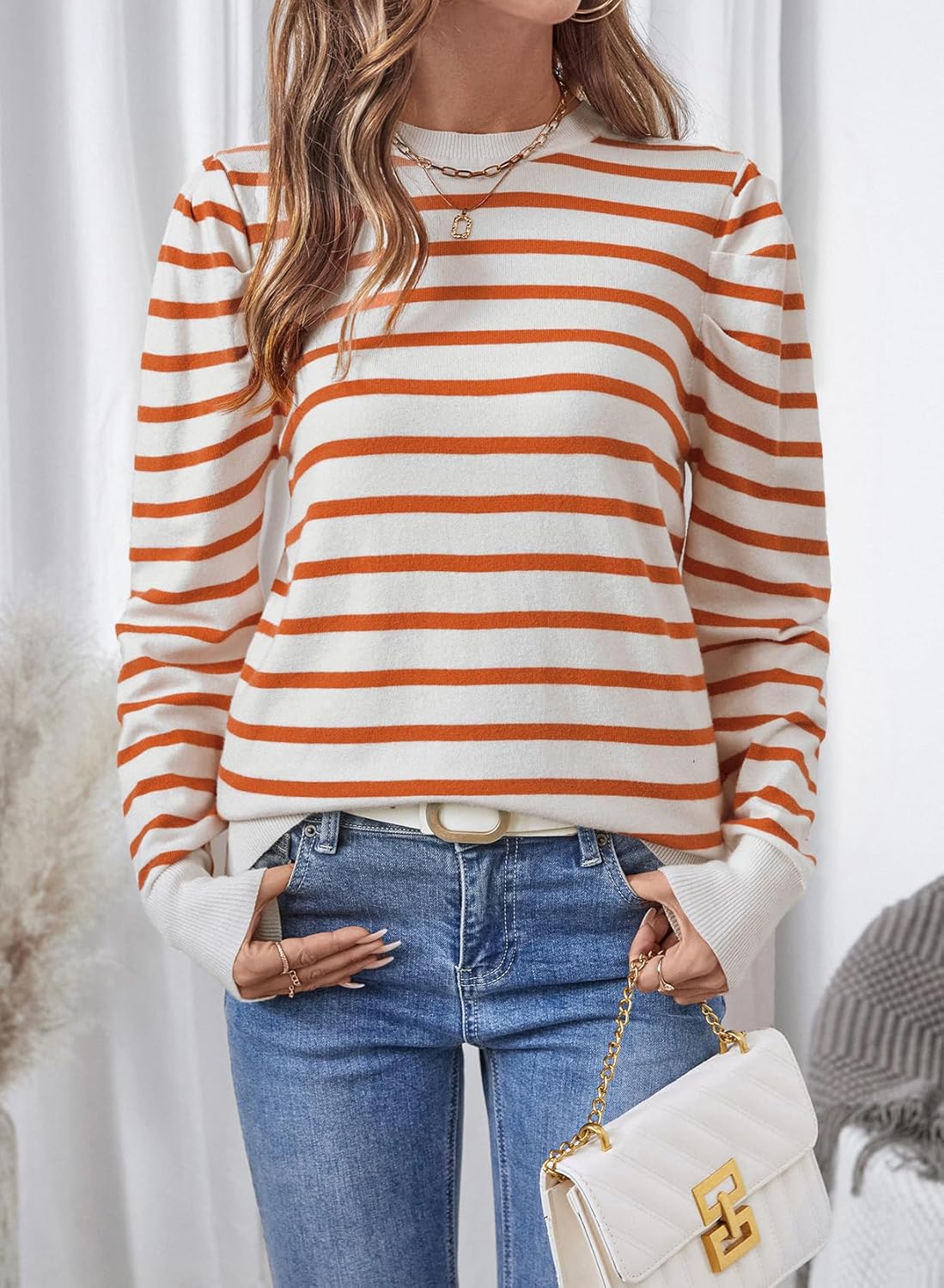 Womens Striped Sweater Fashion Puff Long Sleeve Knit Top Casual Crew Neck Pullover Sweaters - Image 2