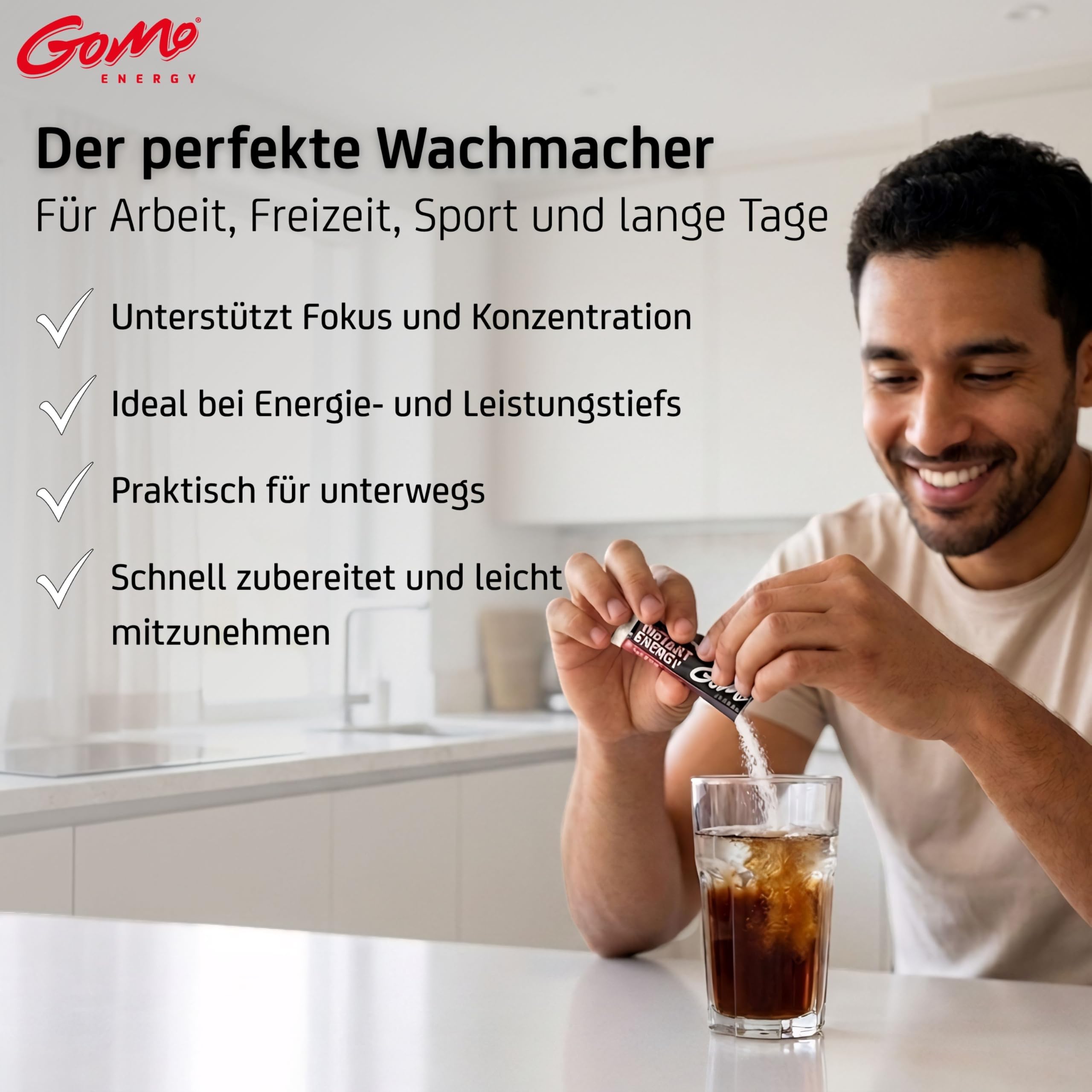 GoMo ENERGY – Instant Energy Getränkepulver Cola Zero für Wachheit, Ausdauer & Konzentration – superstarker, zuckerfreier Instant Energy Drink mit Koffein, B-Vitaminen & Taurin (100 Stk)