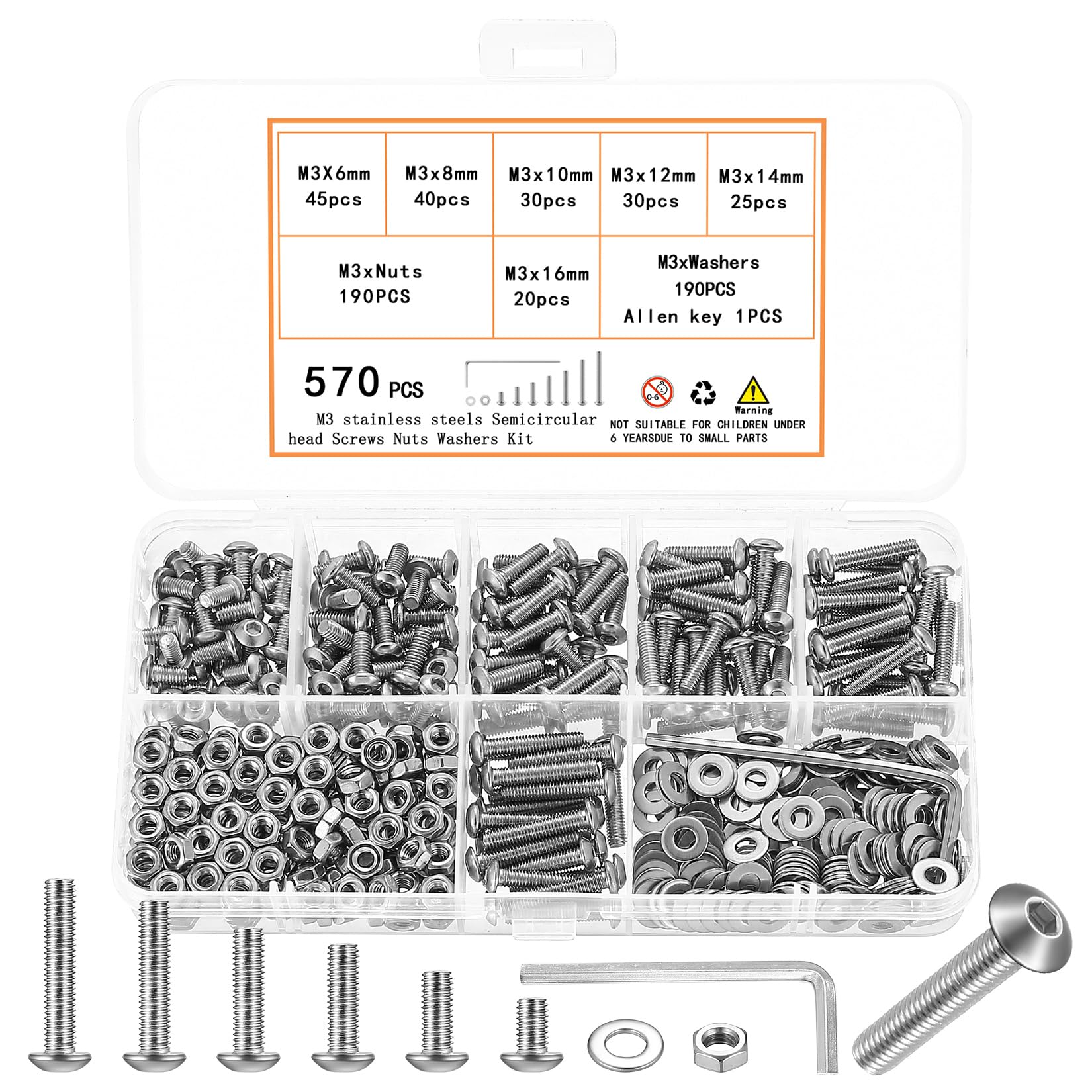 570 Pcs M3 Screws Kit, M3 Machine Screws and Nuts and Washers Set, Assorted Button Head Socket Cap Screws Nuts and Bolts Assortment Kit, Stainless