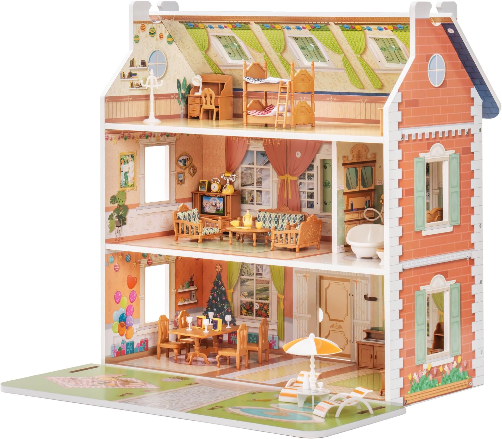 ROBUD Wooden Dollhouse for Kids Girls, Pretend Play Toy Gift for 3 4 5 6 Years Old Girls Boys