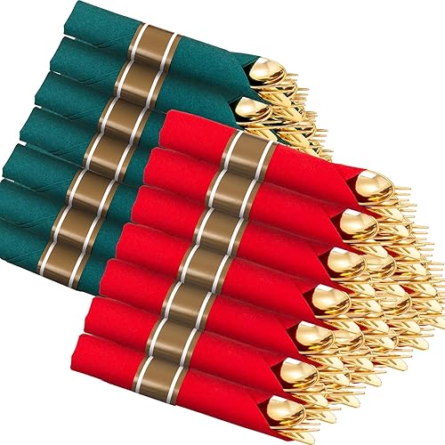 Miniatura 10 de Supernal Paquete de 60 cubiertos dorados, enrollados, preenvueltos con servilletas negras, cubiertos de plástico resistente, tenedores y cucharas
