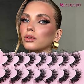 EYDEVRO False Eyelashes Fluffy Lashes D Curl Faux Mink Lashes Cat Eye Lashes Wispy Fake Lashes Fox Eye Manga Lashes Volume Strip Lashes 7 Pairs Pack