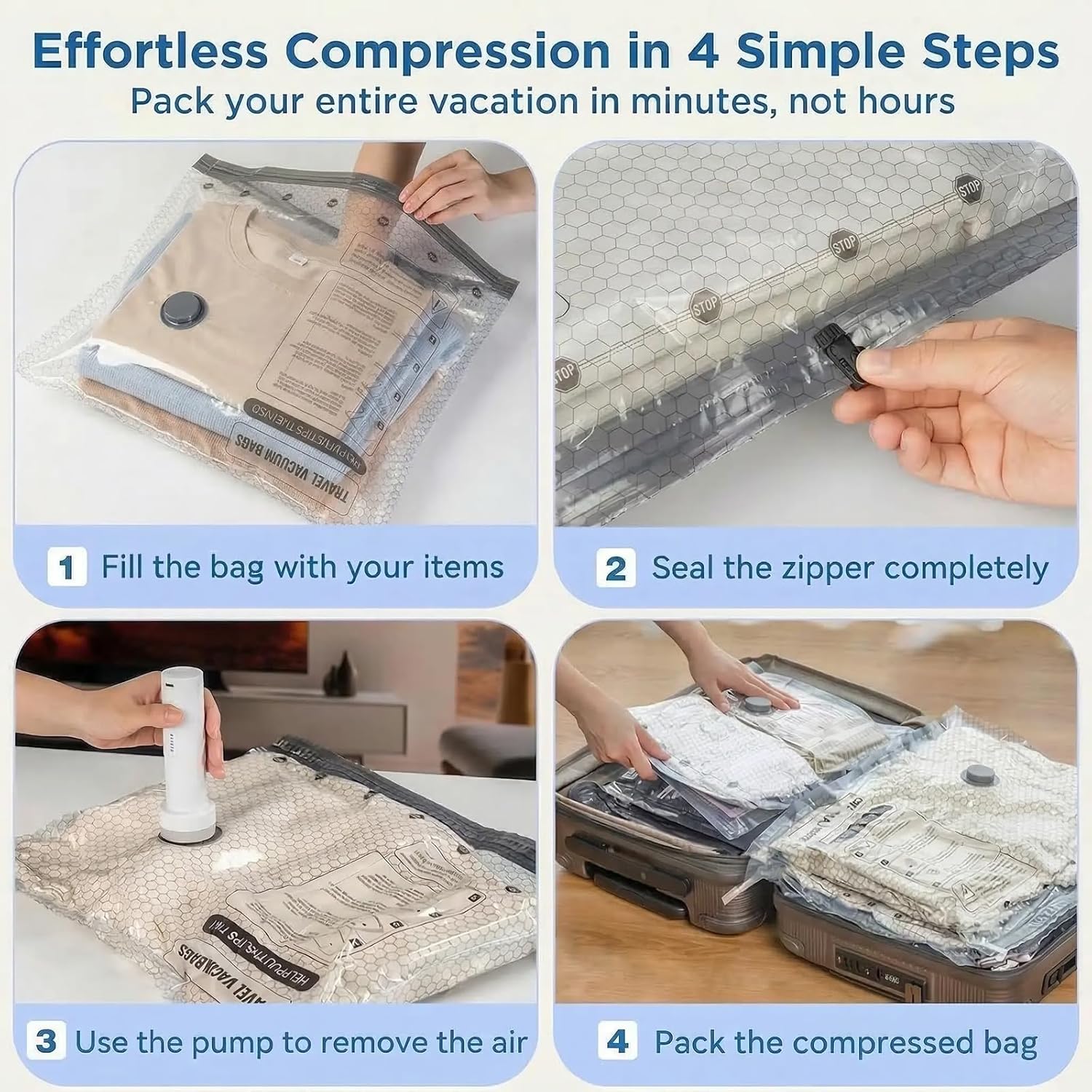 Max-Compression Travel Kit - Reusable Travels Vacuum Seal Bags with Cordless Rechargeable Air Pump, Space Saver for Clothing and Clothes Storage, Carry-On Size (15 Combo Travel Size)
