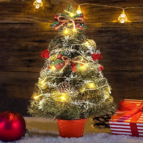 Baauye Árbol de Navidad pequeño con luces mini árbol de Navidad con cadena de luces LED abeto verde y base de bolsa de tela para decoraciones de