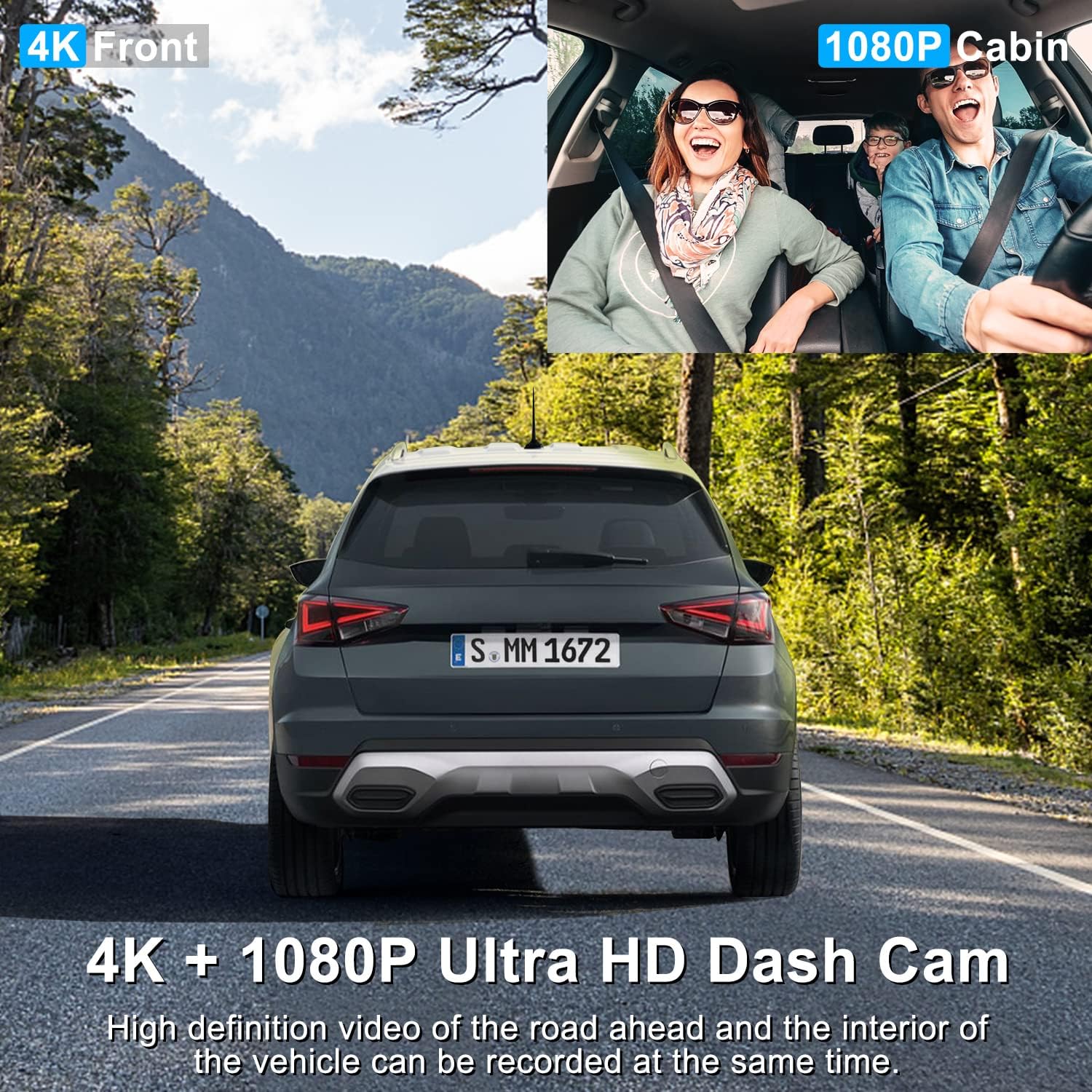 Dash cam displaying 4K front and 1080P cabin views