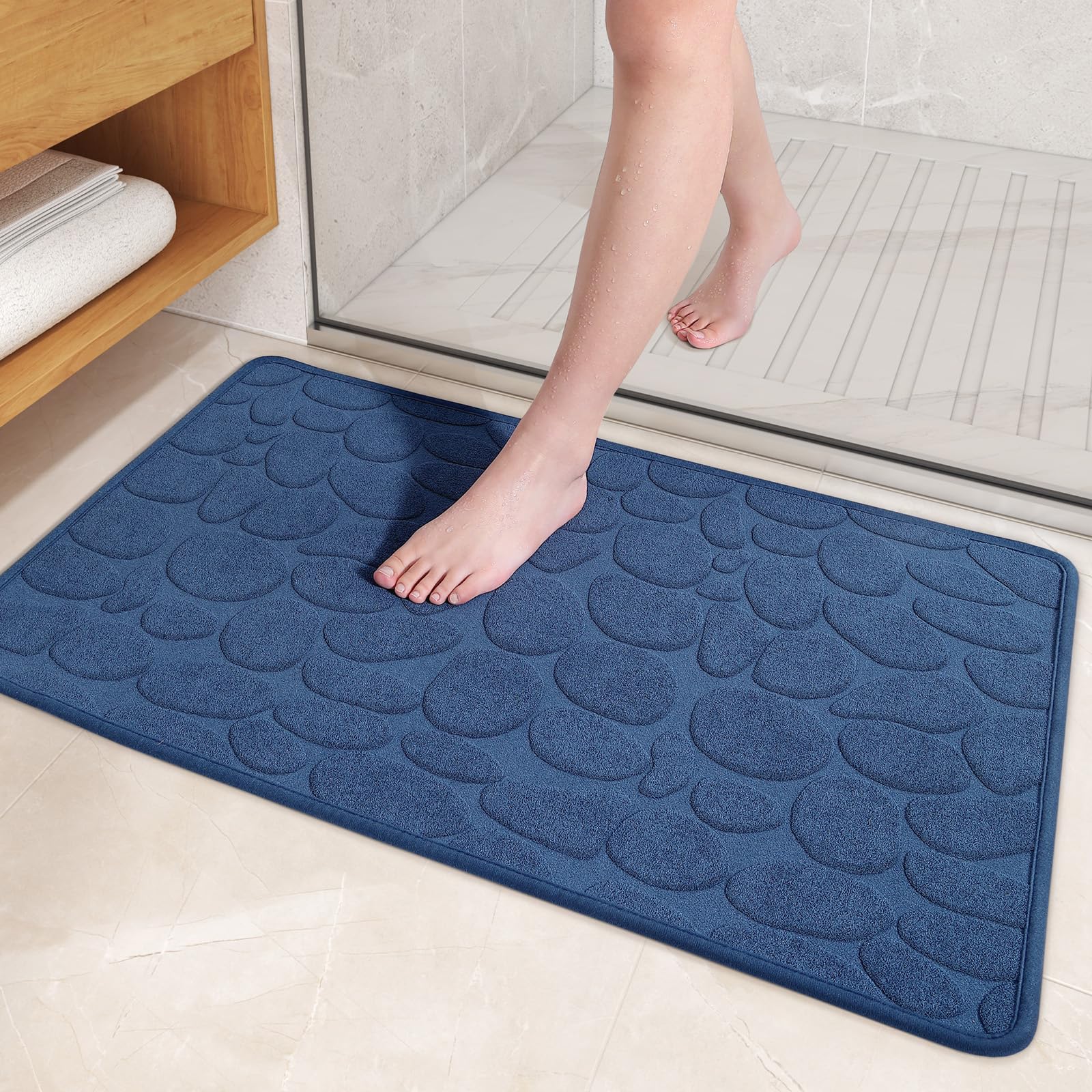 Color&Geometry Quick Dry Thin Bathroom Rugs Fit Under Door- Super Absorbent, Non Slip Rubber Backing, Non Shedding, Washable Navy Blue Bath Mat- 24"x36" Large Bath Mats for Bathroom Floor