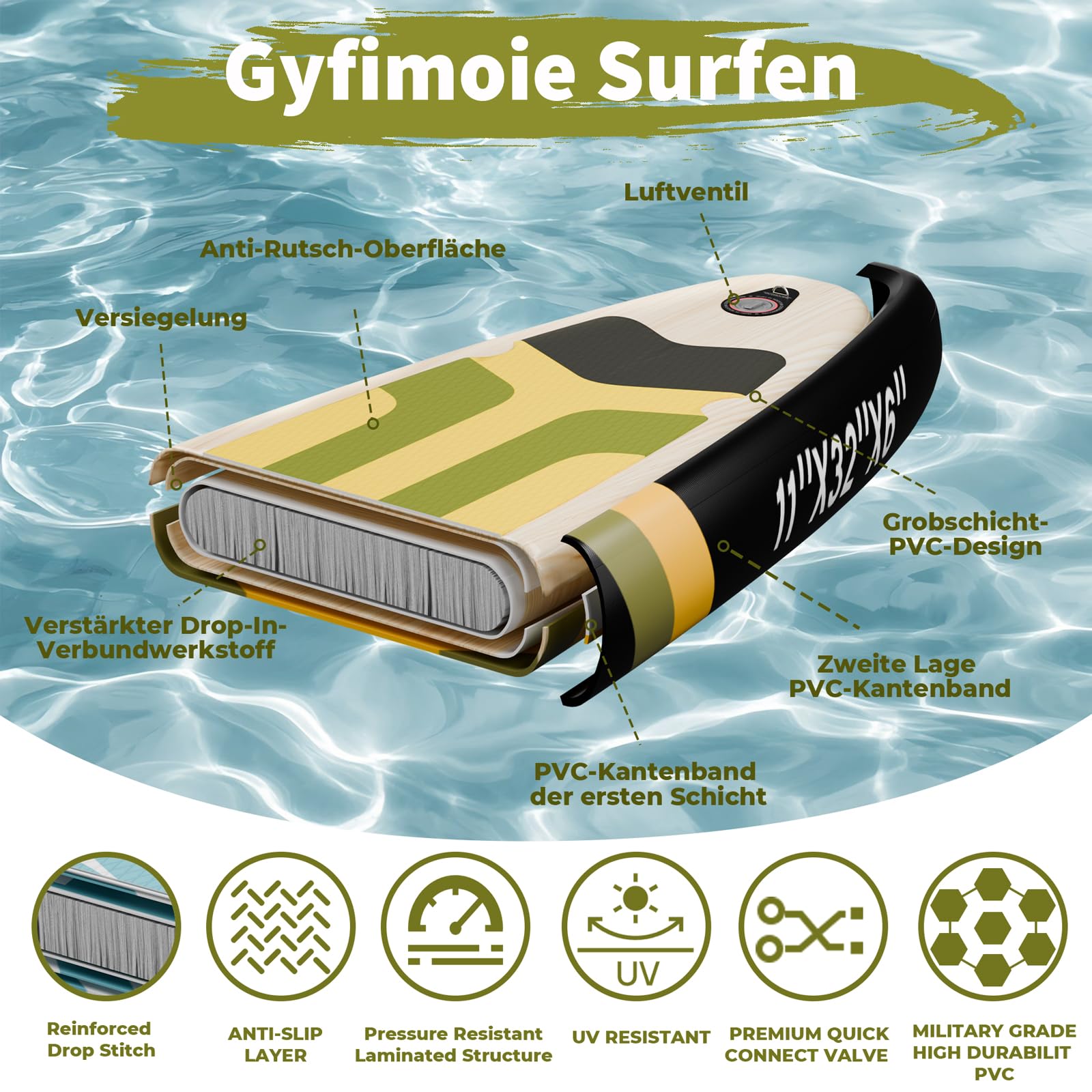 Gyfimoie 335 cm Premium Stand Up Paddling Board Set, SUP Board Set, Hinchable, con soporte universal para cámara, accesorios completos, remo ajustable, para principiantes, avanzados