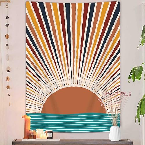 Miniatura 6 de JAWO Tapiz vertical bohemio con ondas solares, vintage abstracto arco iris, tapiz estético para colgar en la pared para dormitorio, retro años 70,