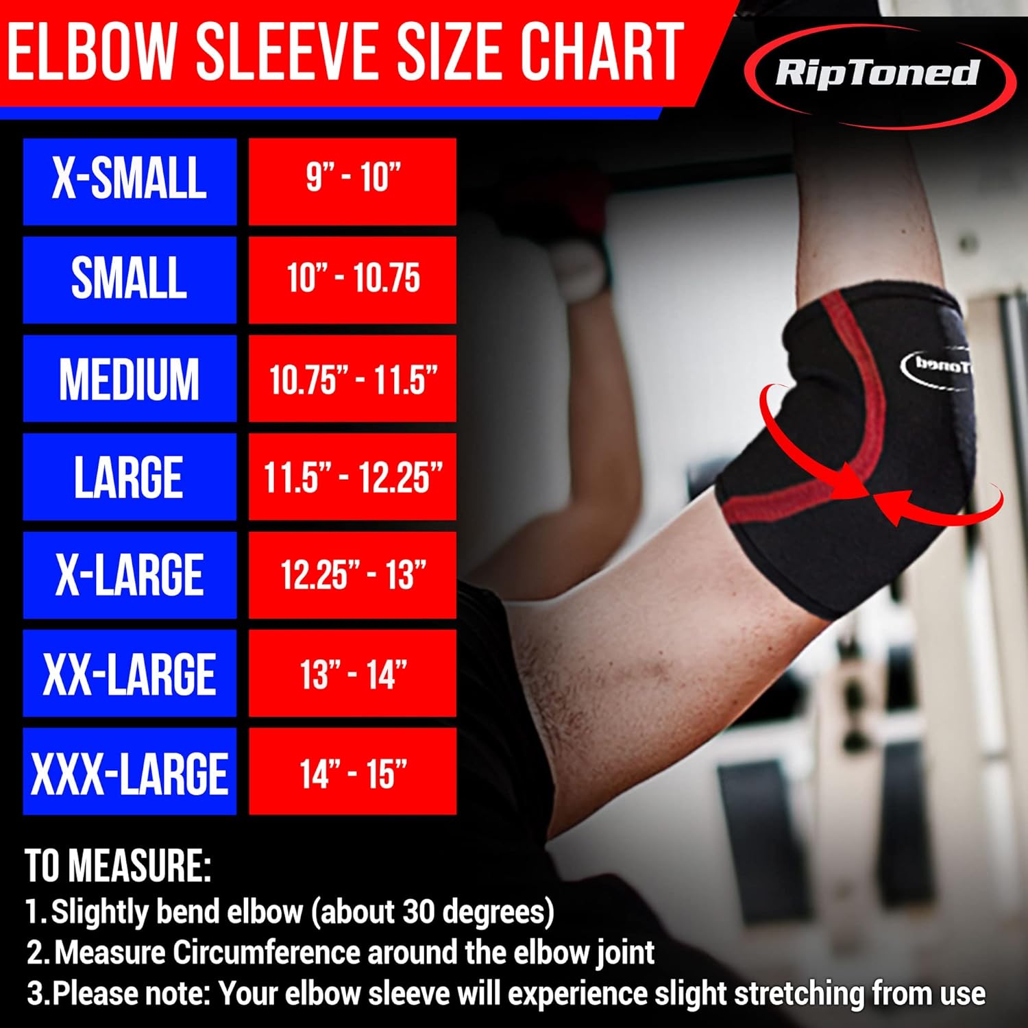 Rip Toned Elbow Sleeve Weightlifting - Elbow Wraps Compression Support & Pain Relief - Arm Sleeve for Men & Women- Durable Gym Brace for Strong Weight Training & Recovery - SEE SIZING GUIDE