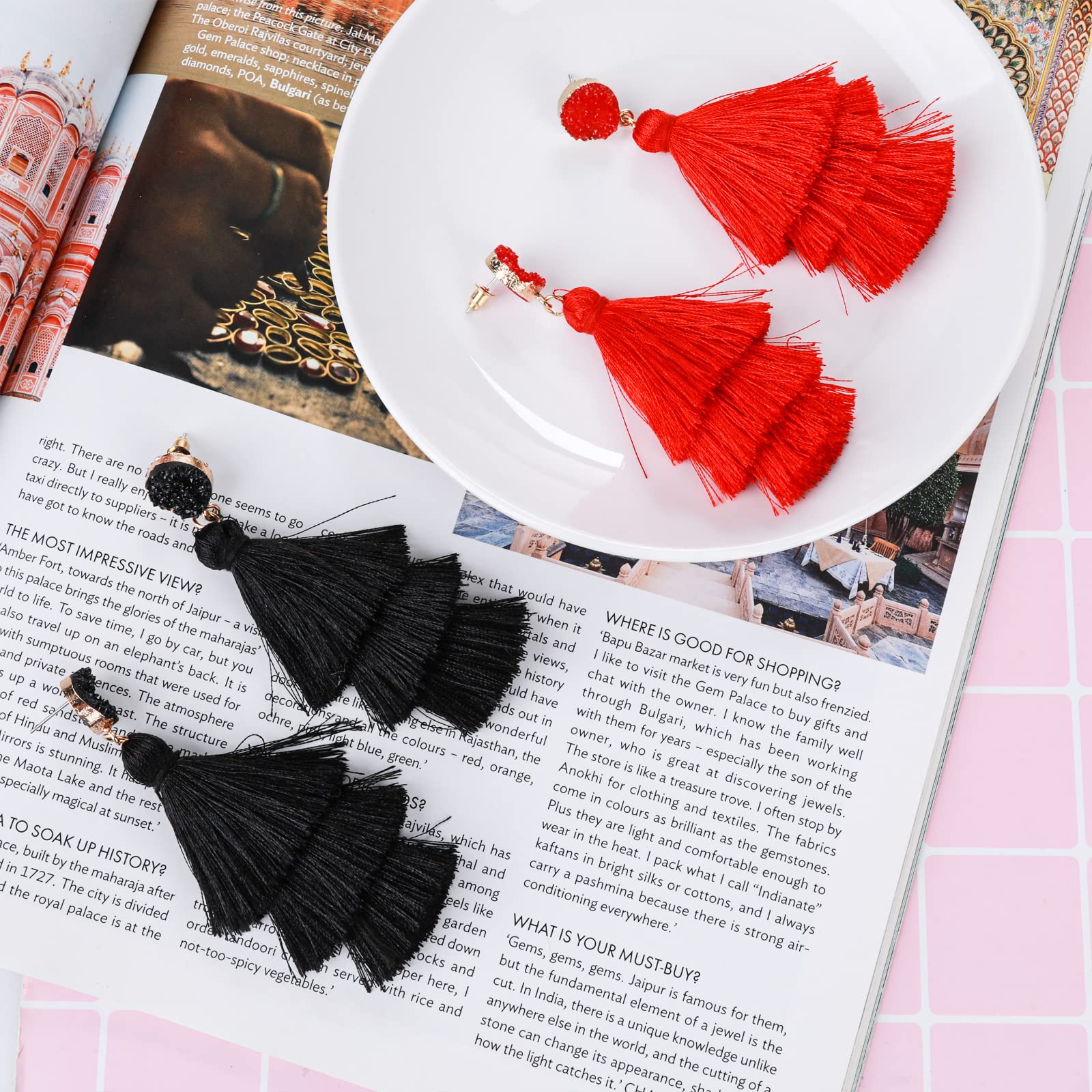 Pendientes Bohemios Borla Capas Colgantes Boho Hilo Rojo Mujer