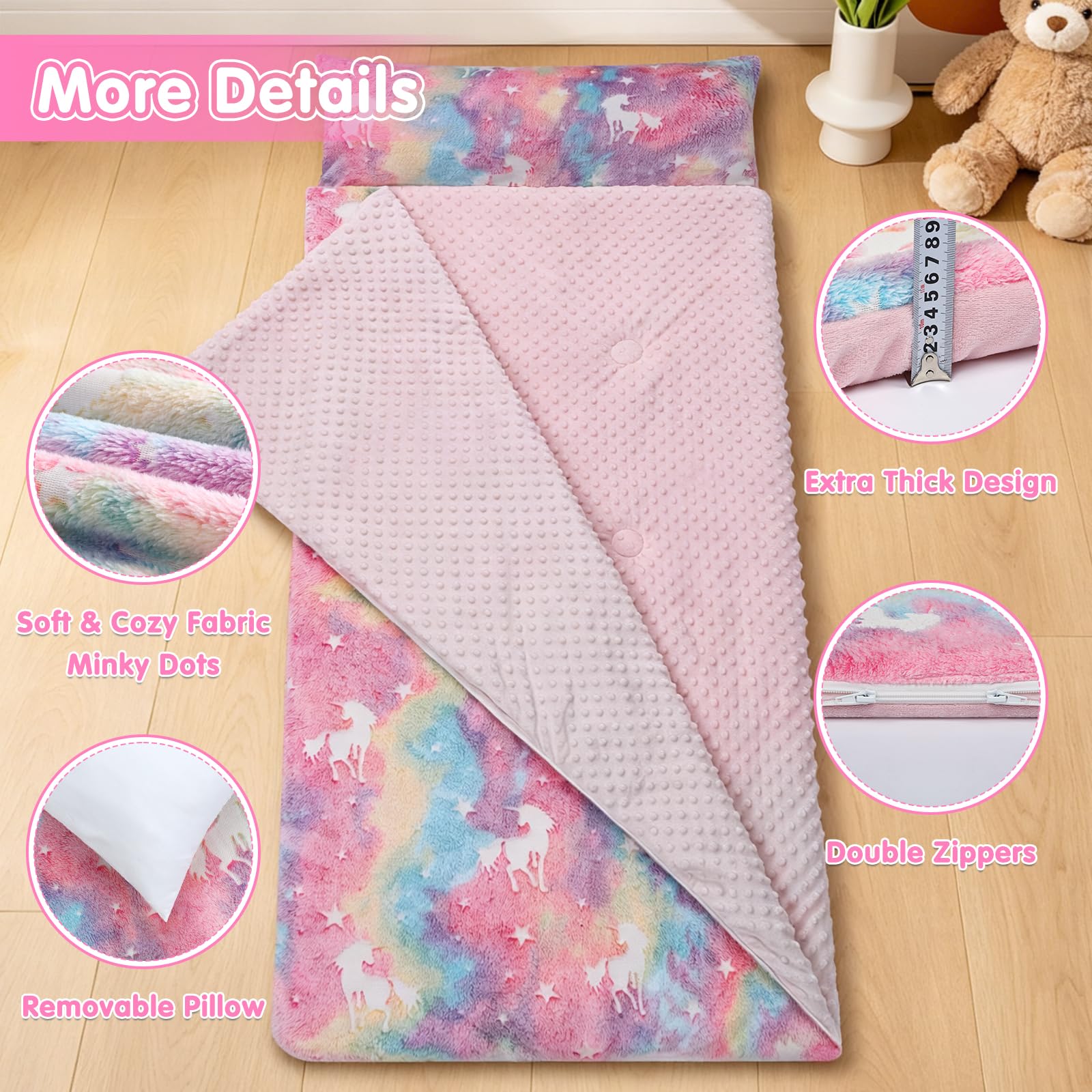 Schlafsack Kinder mit Kissen Abnehmbar im Dunkeln Leuchtet 170×75cm