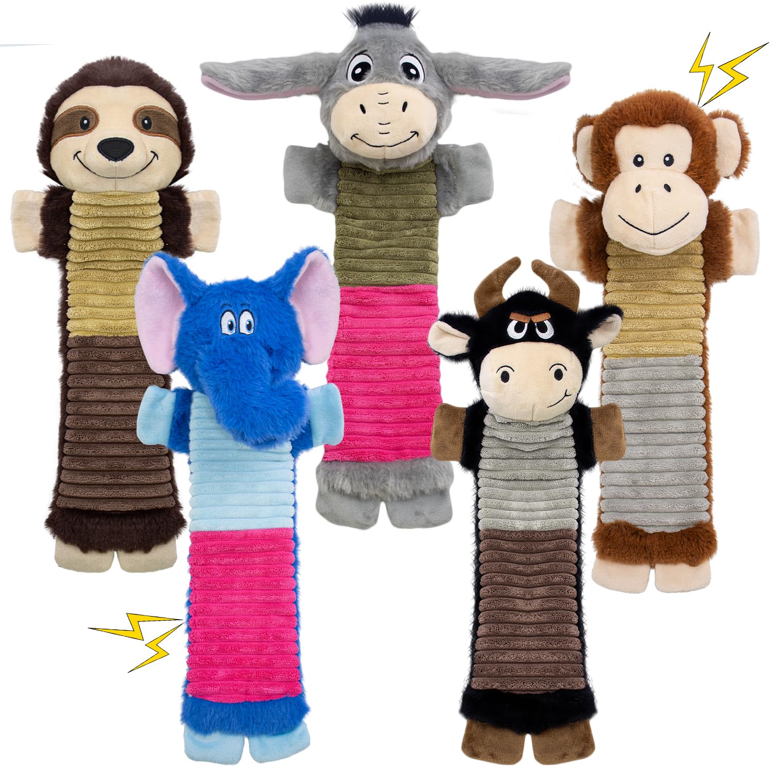 Paquete de 5 juguetes chirriantes para perros sin relleno, masticables para perros con arrugas y chirriantes, lindo peluche de animal para mantenerlos ocupados, adecuados para masticadores