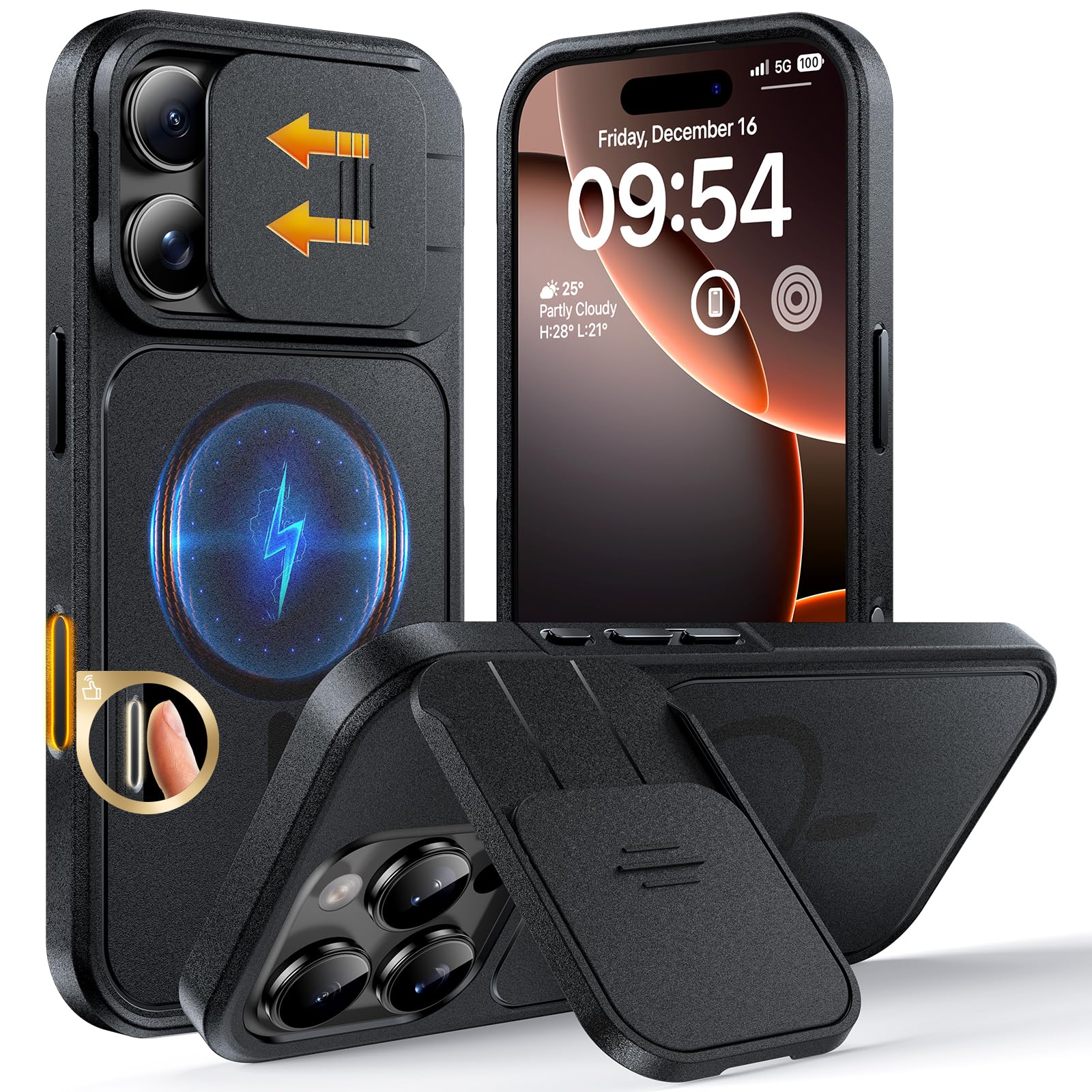 TOCOL for iPhone 16 Pro Case with Slide Camera Cover, Kickstand and Camera Control Button, Fit for MagSafe, Rugged Solid Phone Case, Non-Slip, Drop