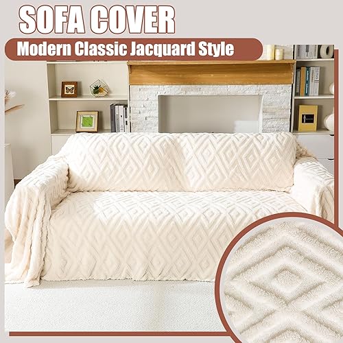 Miniatura 2 de Newwiee Funda de sofá de felpa jacquard rómbico de 71 x 118 pulgadas, cálida, funda de sofá de felpa esponjosa, protector de muebles, acogedor