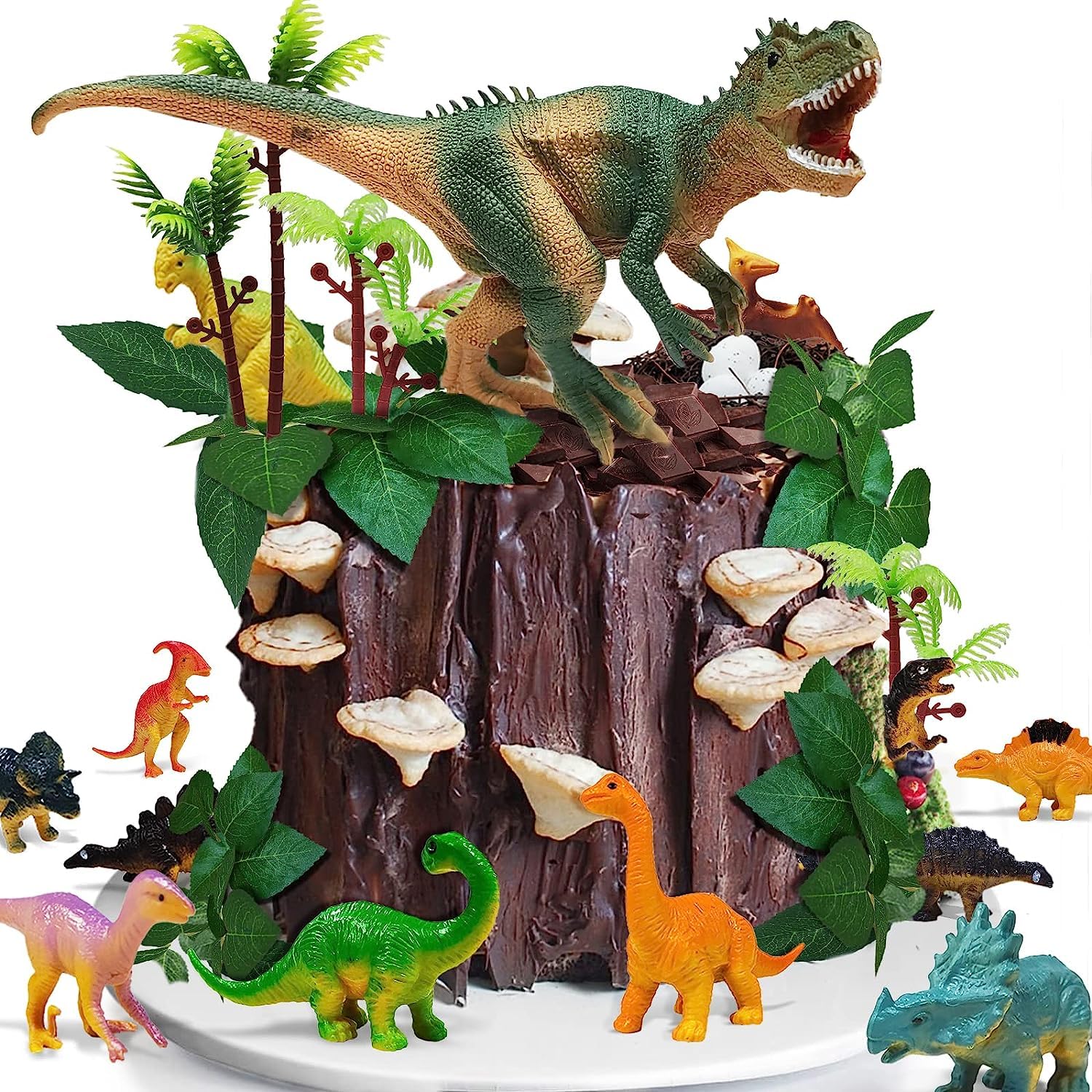 26 PCS Dinosaur Cake Toppers With Dinosaur Eggs Leaves Trees Cake Decorations For Birthday Party Wild Animals Kids Party Cake Decorations