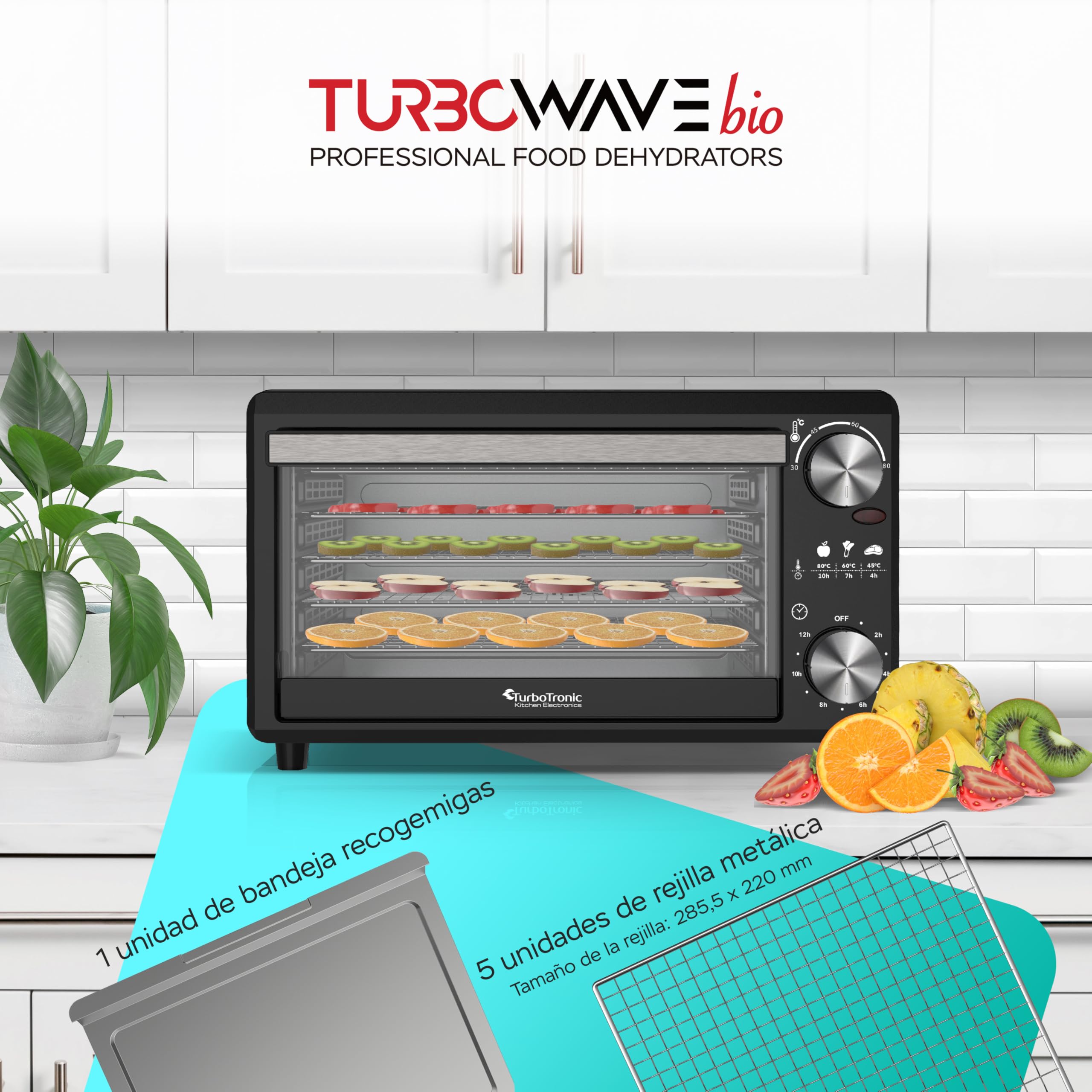 Déshydrateur TurboWave BIO entièrement en métal, 14 litres, fourni avec grilles, minuteur et cahier de recette, dehydrator food (14 Litres)