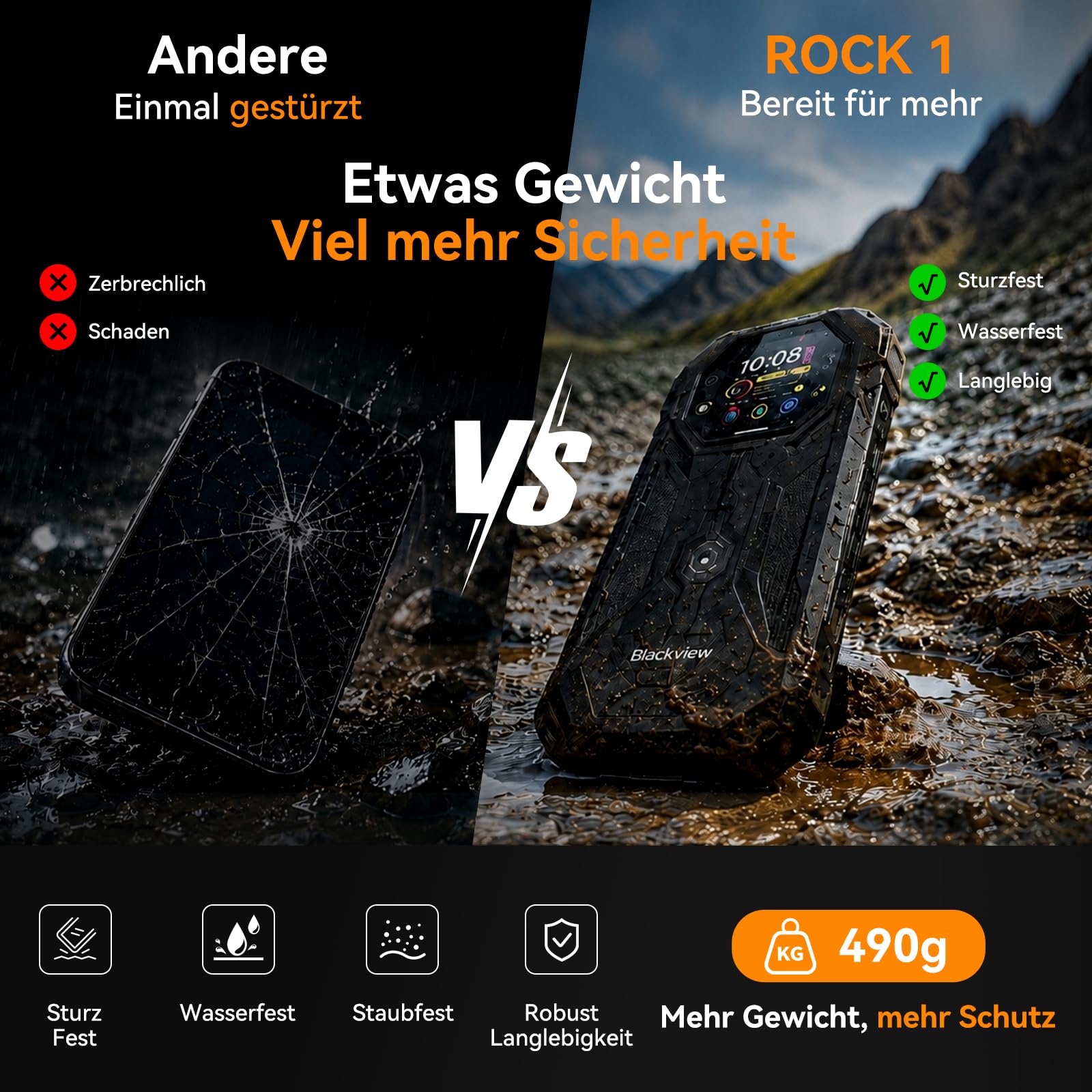 Blackview Rock 1 Android 16 Outdoor Handy für Baustelle &Camping, 15000mAh Dual-Screen Smartphone Ohne Vertrag, 20MP Nachtsicht,IP69K Wasserdicht, 24GB+256GB,Gemini AI/NFC/3 Jahre Garantie