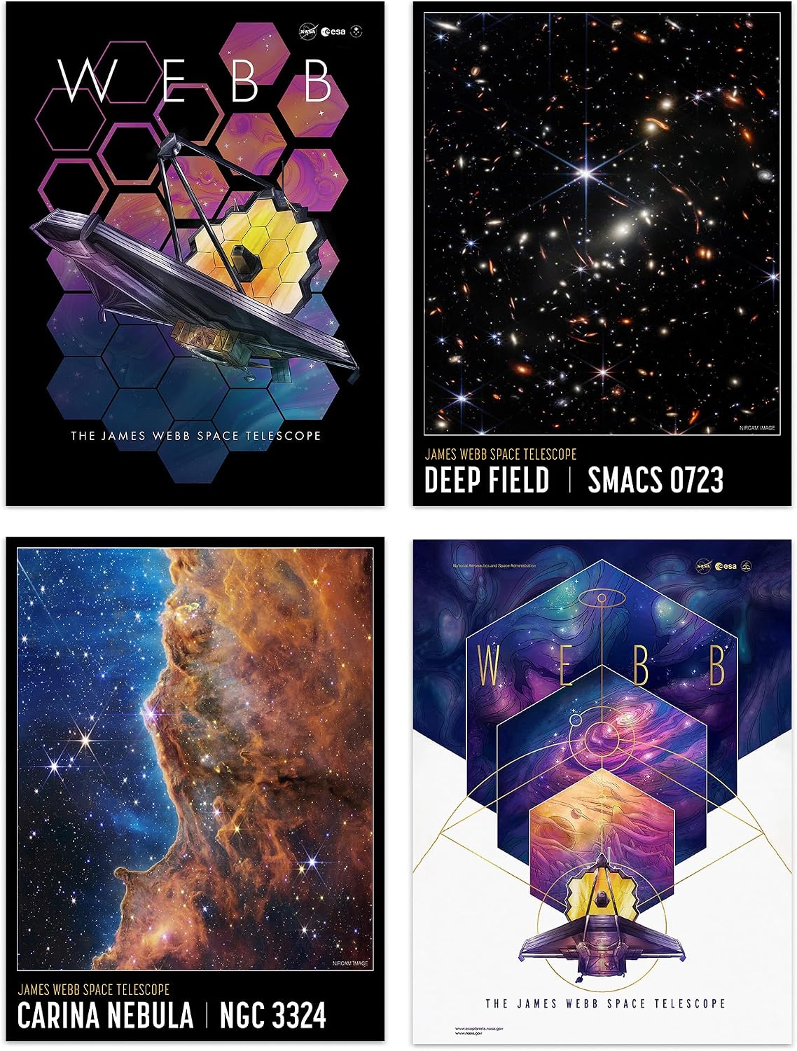 Artery8 Pack of 4 NASA James Webb Space Telescope Images Cosmic Cliffs Carina Nebula Cartwheel Galaxy Cosmic Tarantula Unframed A4 Wall Art Living Room Prints Set