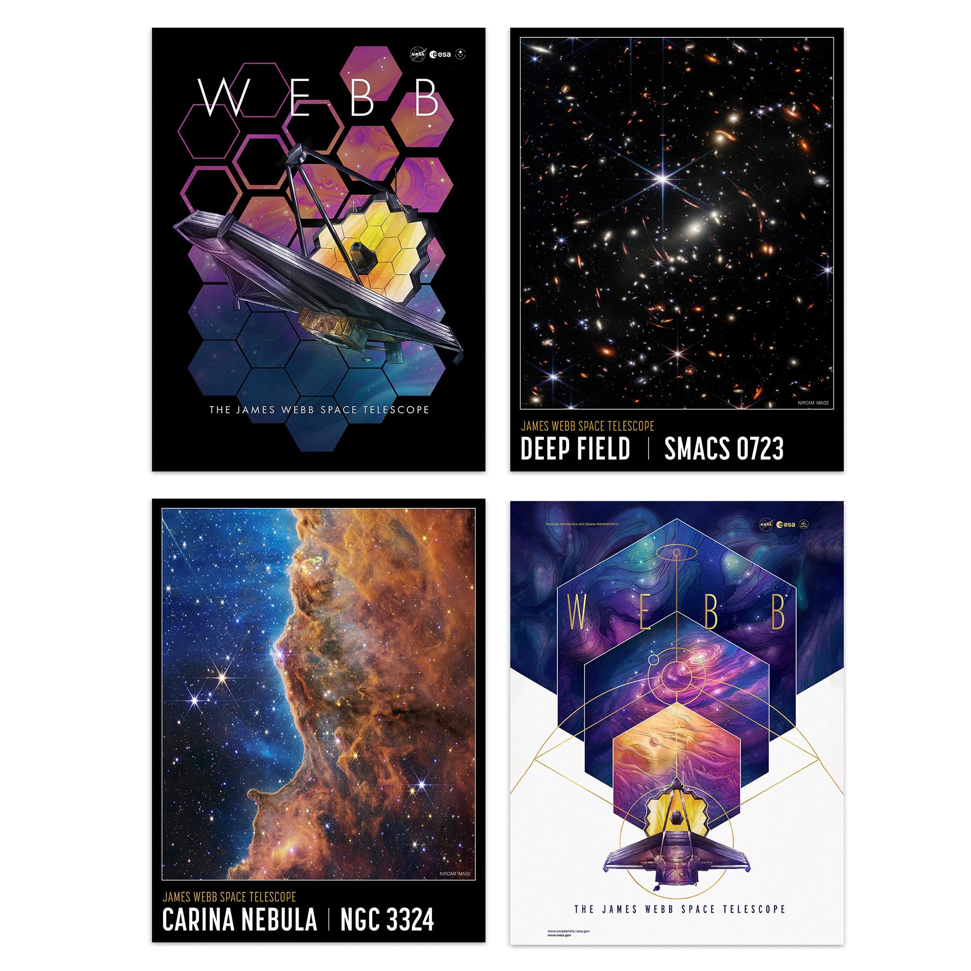 Artery8 Pack of 4 NASA James Webb Space Telescope Exoplanet Travel Carina Nebula Cosmic Cliffs Deep Field Images Unframed A4 Wall Art Living Room Prints Set