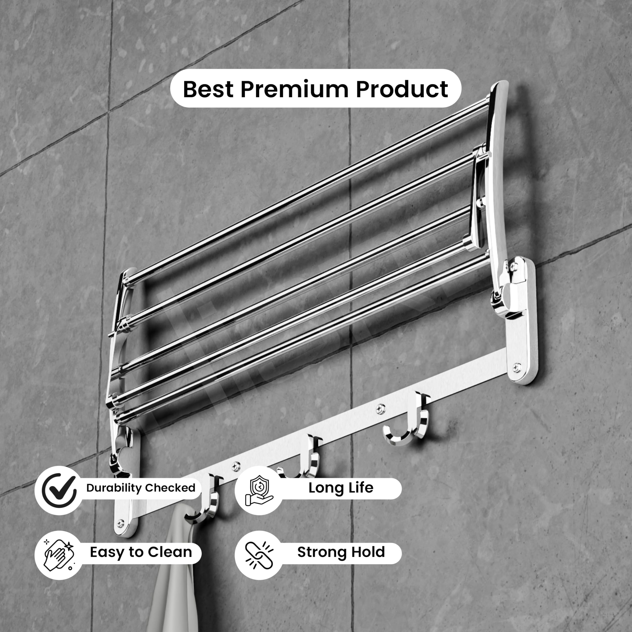 HISRE Wall Mounted Towel Rack with Shelf and Hooks | Stainless Steel Bathroom Towel Holder | Rustproof Bath Organizer with Top Storage Shelf | Chrome Finish, photo 4 of 5