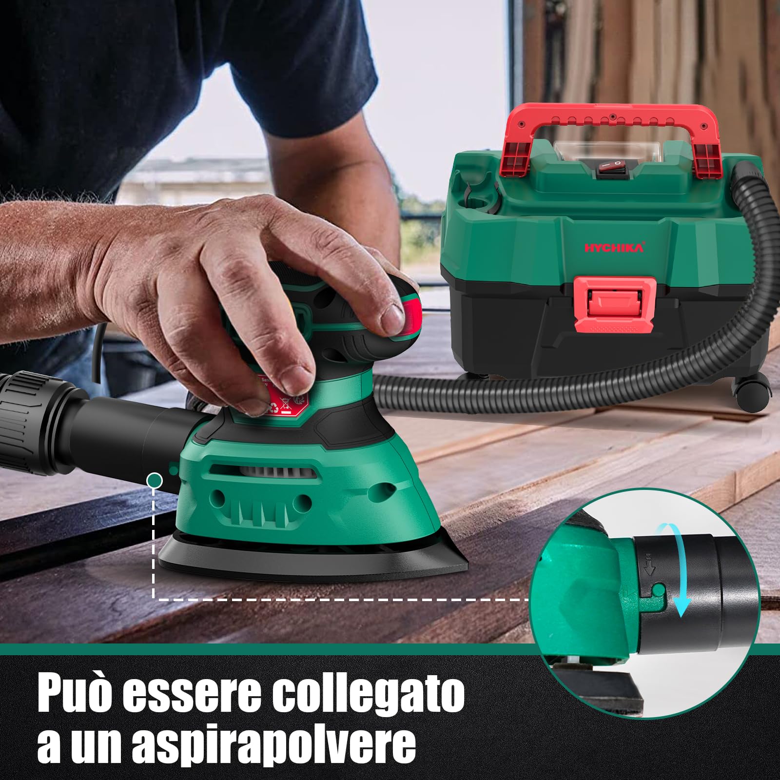 HYCHIKA Levigatrice per Legno 140W, levigatrice 13000 OPM con efficiente raccolta della polvere, con carta vetrata 12PCS, ideale per levigare il legno e rimuovere ruggine e vernice