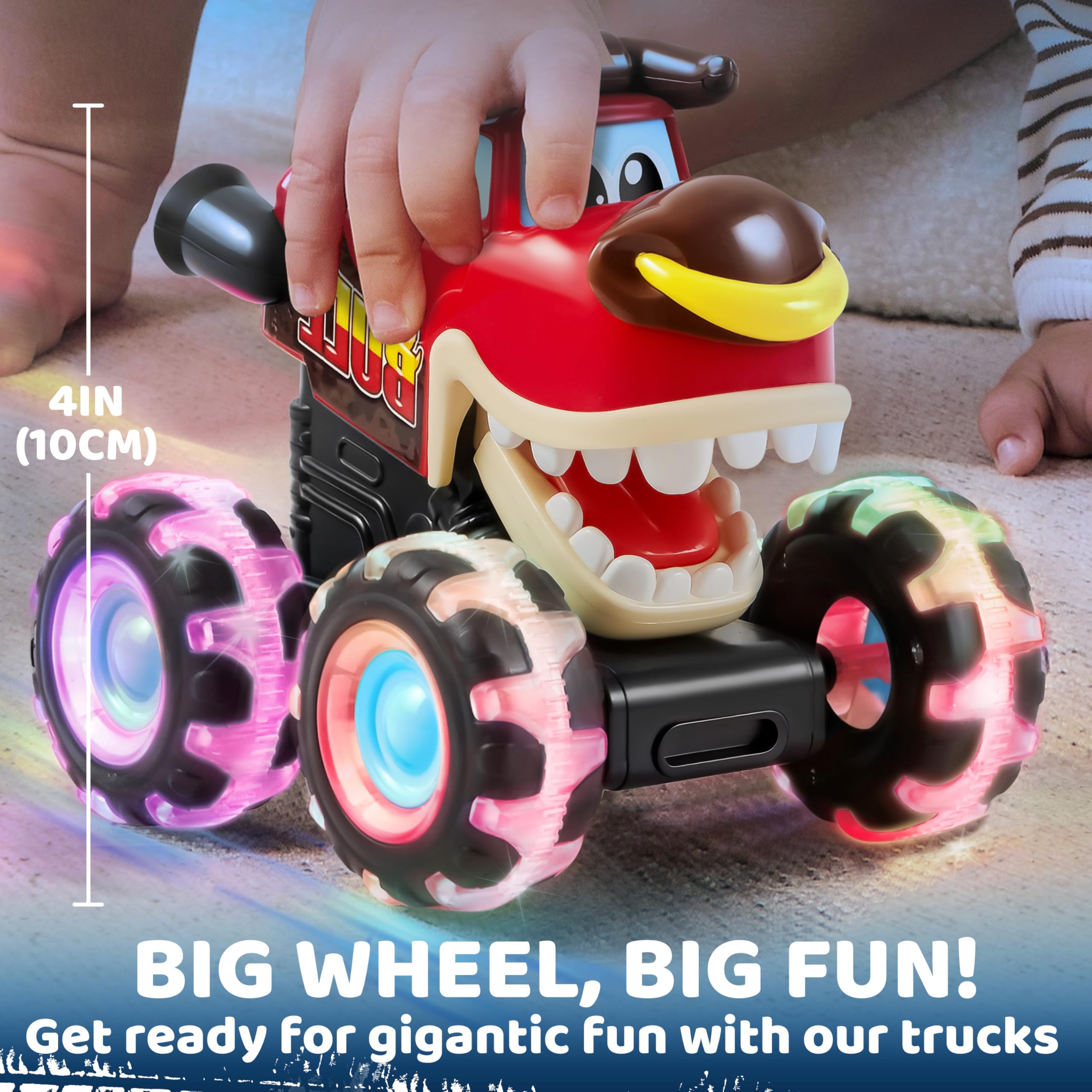 JOYIN 3 Pack Monster Truck Toys for Boy Girl Age 1 2 3 4 5 6, Motion Activated Light-Up Cars, Monster Treads Lightning Wheels, Baby Gift- Pull Back Friction Toy Cars for Kids 1 2+ Year Old Boys
