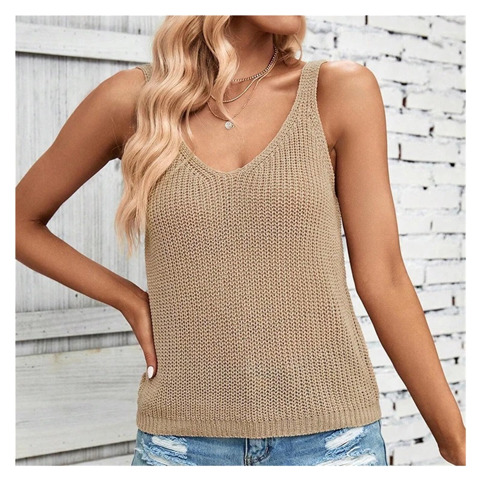 Top de vacaciones en la playa sin mangas con cuello V punto beige for mujer