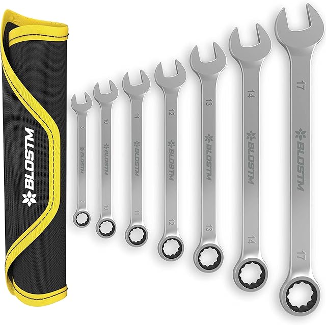 BLOSTM Ratcheting Combination Wrench Spanner Set - 7-Piece Metric Ratchet Spanner Set (8mm to 17mm), Combination Spanner Set Ideal for DIY, Car & Bike Repairs - Includes Roll-Up Storage Pouch - 7 PCS