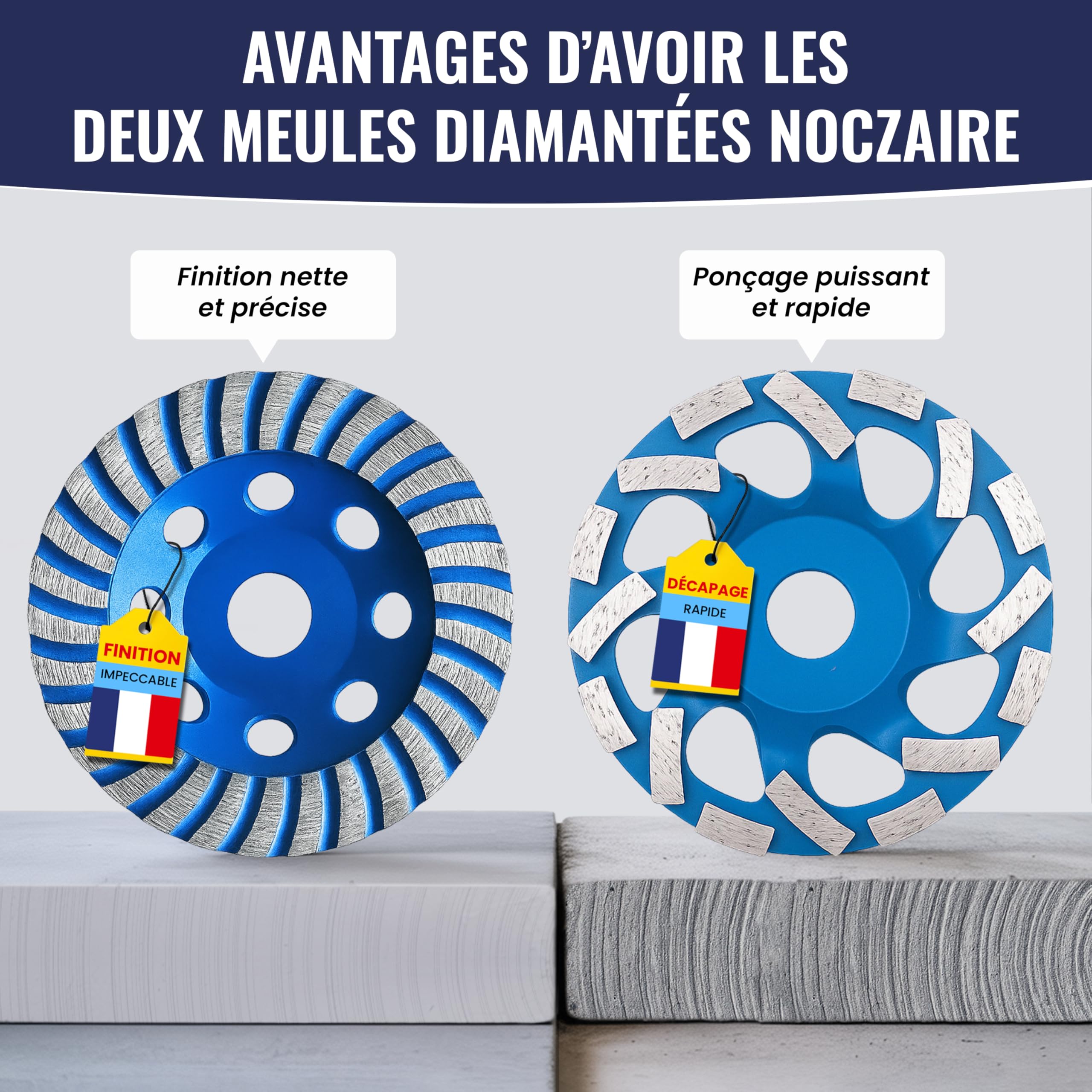 Kit 2 Meules Diamantées 125 mm avec Capot d’Aspiration pour Béton, Carrelage et Pierre – Dégrossissage + Finition