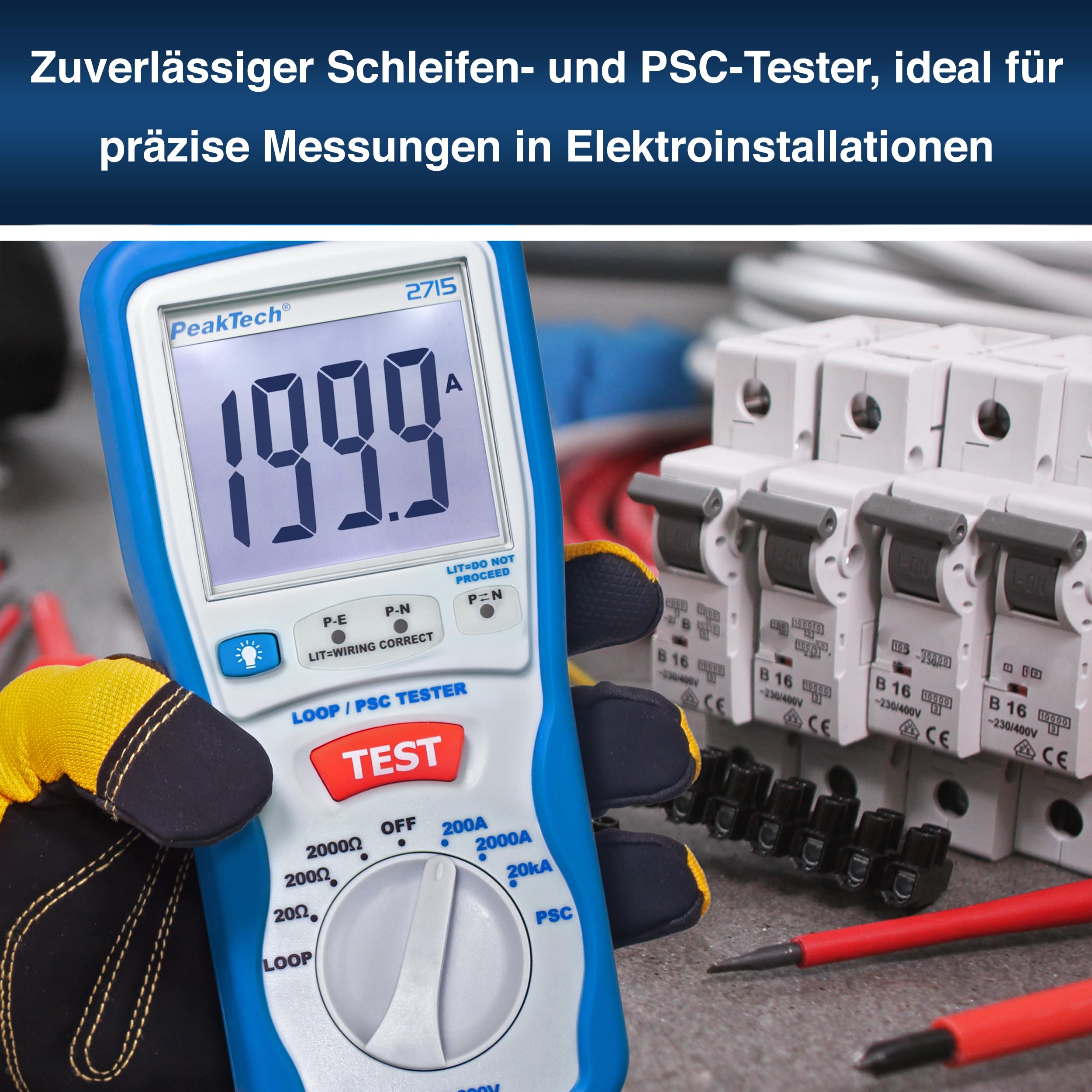 PeakTech P 2715 – Tester digitale PSC con display LCD con misurazione dell'impedenza, corrente di cortocircuito, fusibile di circuito con custodia isolata - CAT III 600 V