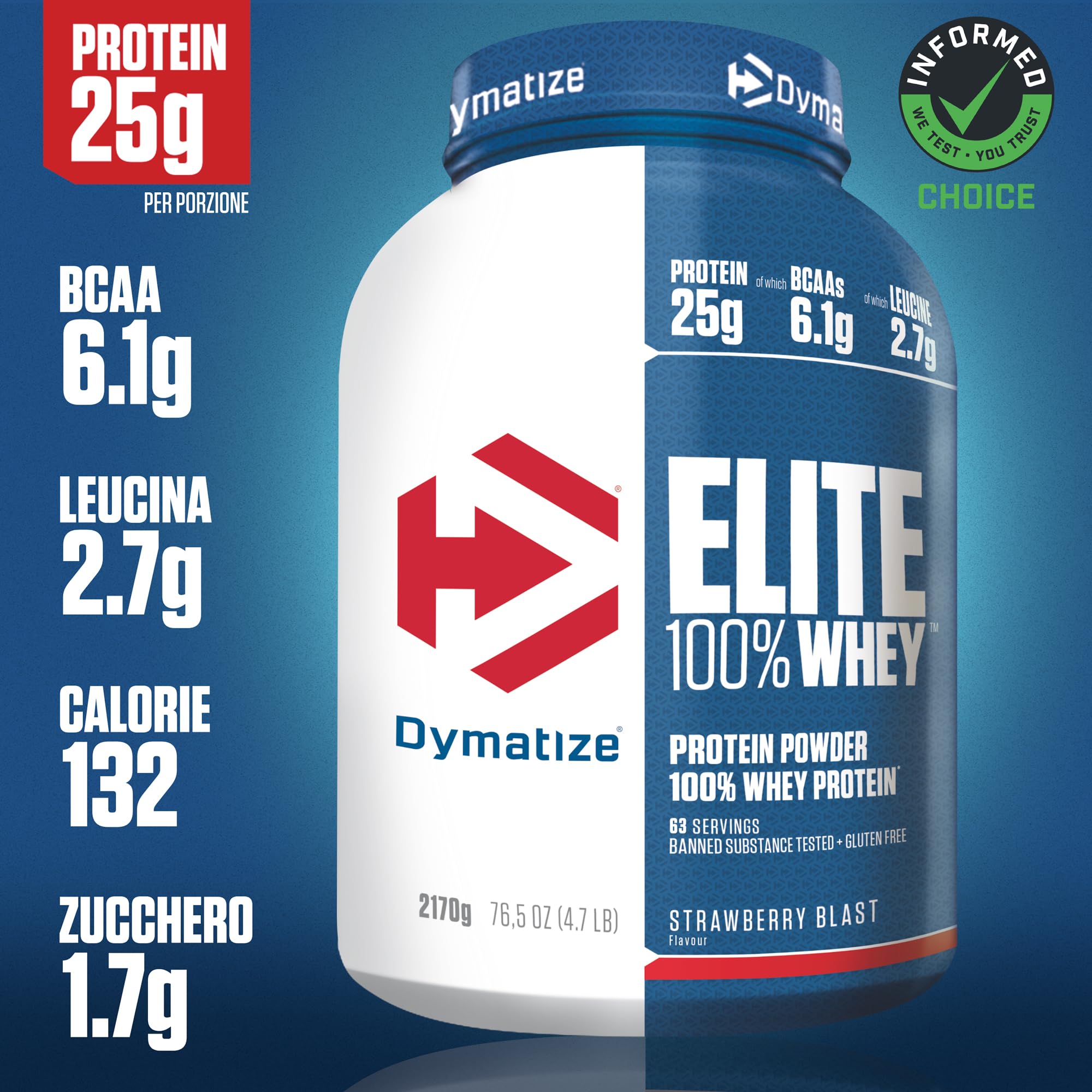 Dymatize Elite 100% Whey Strawberry Blast 2170g - Polvere ad alto contenuto di proteine e basso zuccheri del siero latte BCAA
