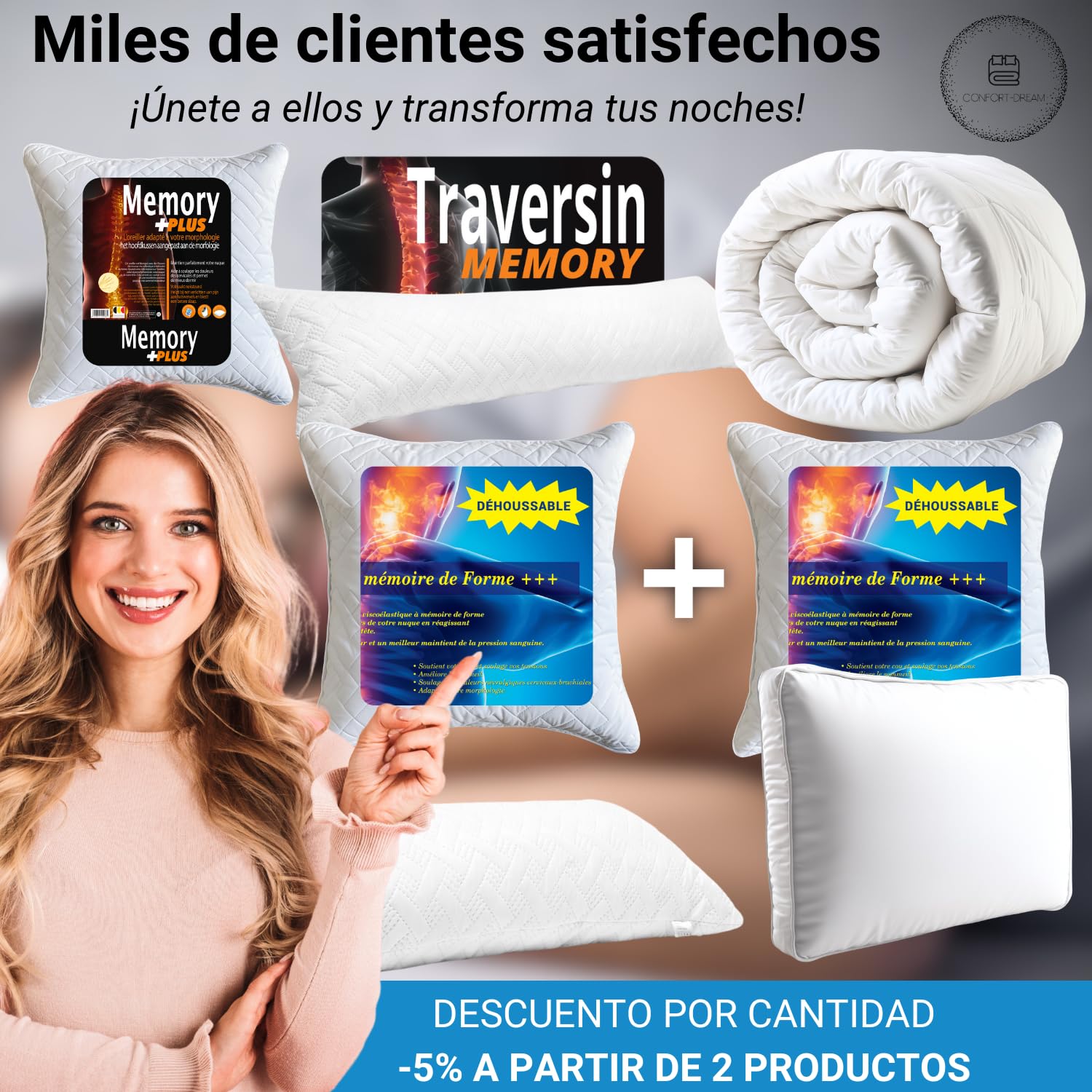Almohada Cervical 60x60cm Memoria Forma Firme Ergonómica Cuello | Desfundable, Garantía de Por Vida, Cuadrada, Para Pareja/Adulto, Para Cervicales Doloridas