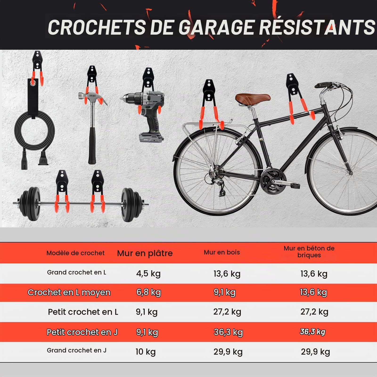 Lot de 15 crochets de garage robustes, système de rangement pour outils de jardin, échelles, vélos, tuyaux d'arrosage, avec revêtement antidérapant et fixation murale