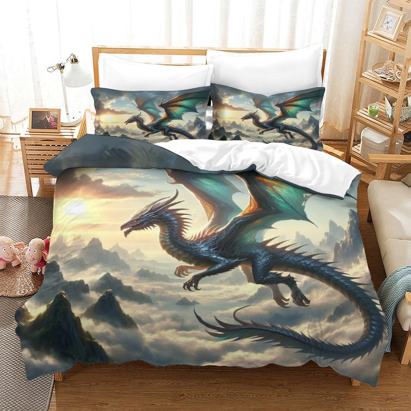 TNFHSOFT Flying Dragon Duvet Cover, 3D Print Quilt Cover Bedding Duvet Set with Pillowcases Soft Microfiber Easy Care Quilt Cover for Boys Girls Kids Bedroom Single（140x200cm）