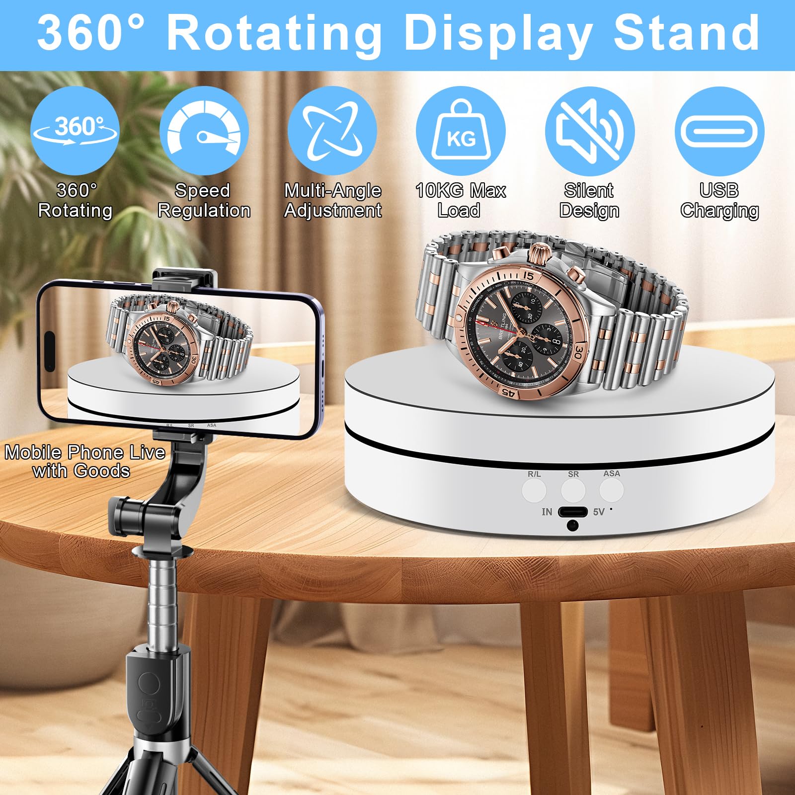Plateau Tournant Électrique, 360° Présentoir Motorisé pour Bijoux, Montres, Produits Numériques, avec 2 Panneaux de Fond et Télécommande, Idéal pour Vidéos et Réseaux Sociaux (Blanc)