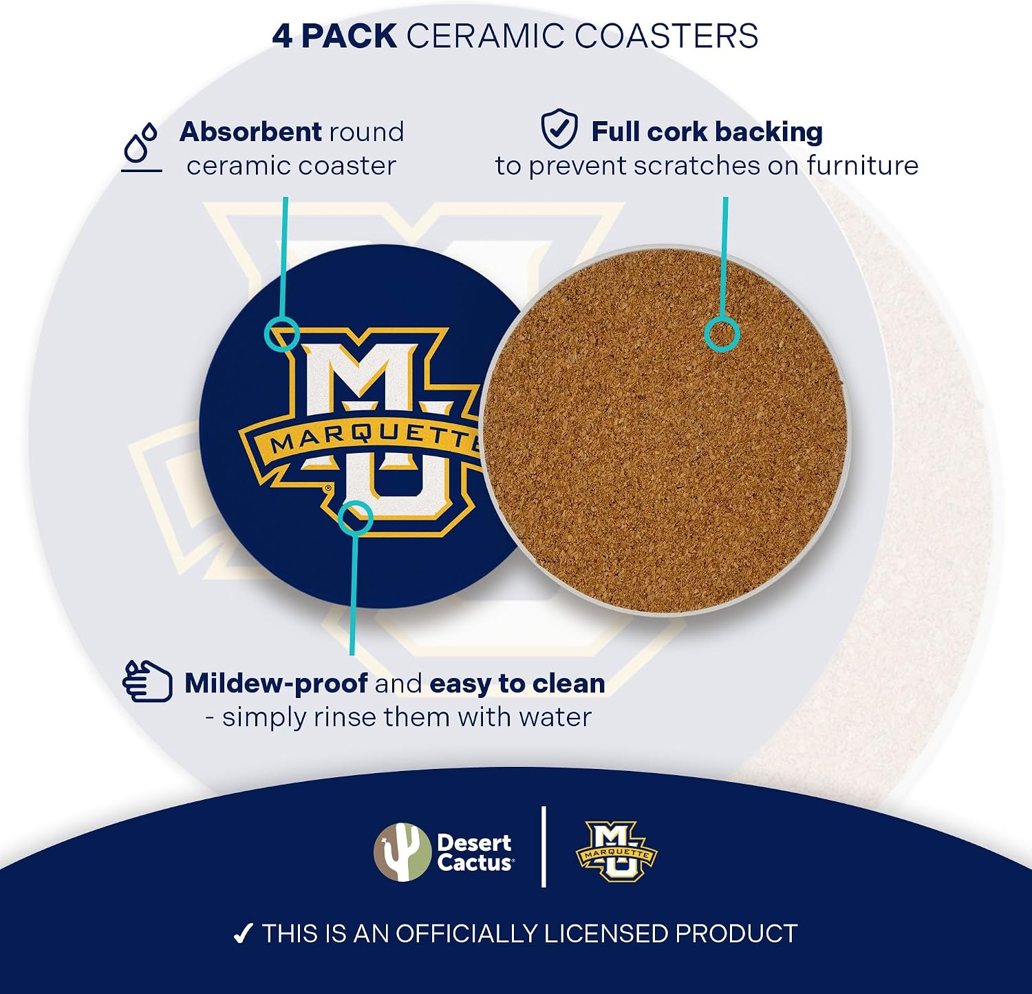 Desert Cactus Marquette University Circle Ceramic Coasters 4 Pack Golden Eagles MU Absorbent Drink Coasters with Cork Backing (Design A)