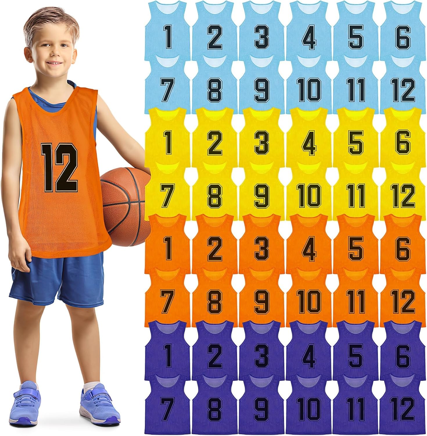 48Pcs Team Sports Pinnies Youth Scrimmage Vest Soccer Training Vest Mesh Numbered Football Jersey for Kids Youth (4 Colors)