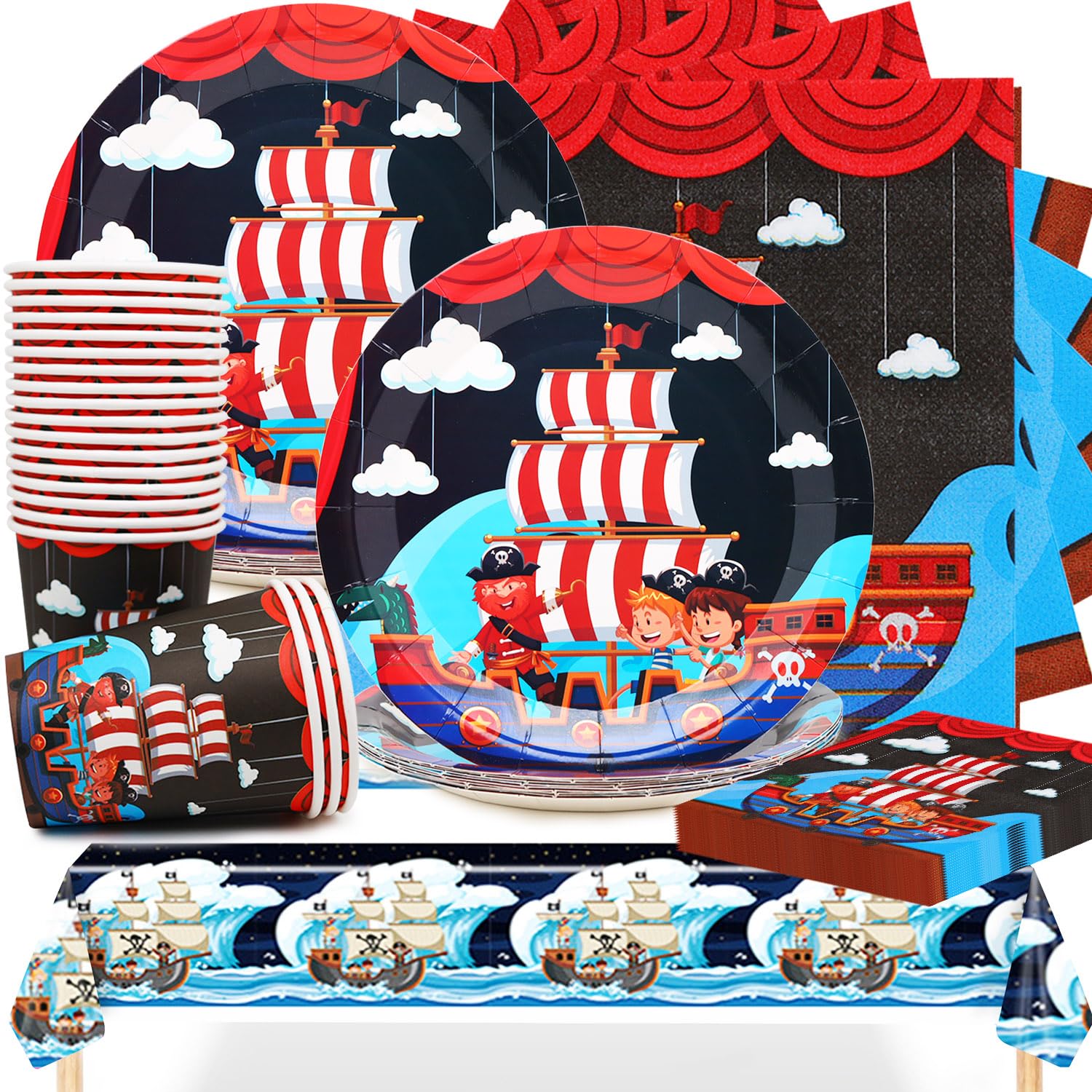 Compleanno Pirata Stoviglie,61 Pezzi Stoviglie Pirata per Feste,Feste Decorazione per Tema Pirata,Kit Compleanno Pirata con Piatto,Tazza,Tovaglioli,Tovaglia per 20 Ospiti