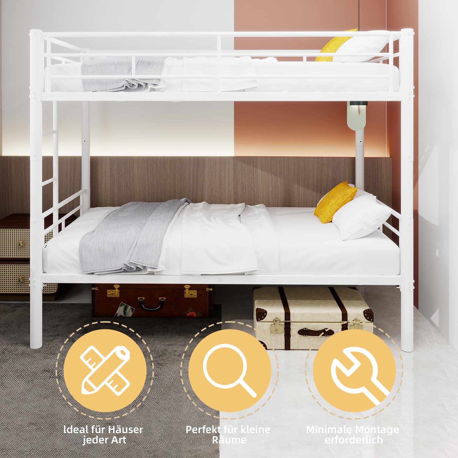 Cama alta para niños, litera de metal, convertible, 2 camas, no requiere caja de muelles, con escalera y barandilla de longitud completa, para adolescentes y adultos (blanco A, 90 x 190 cm)