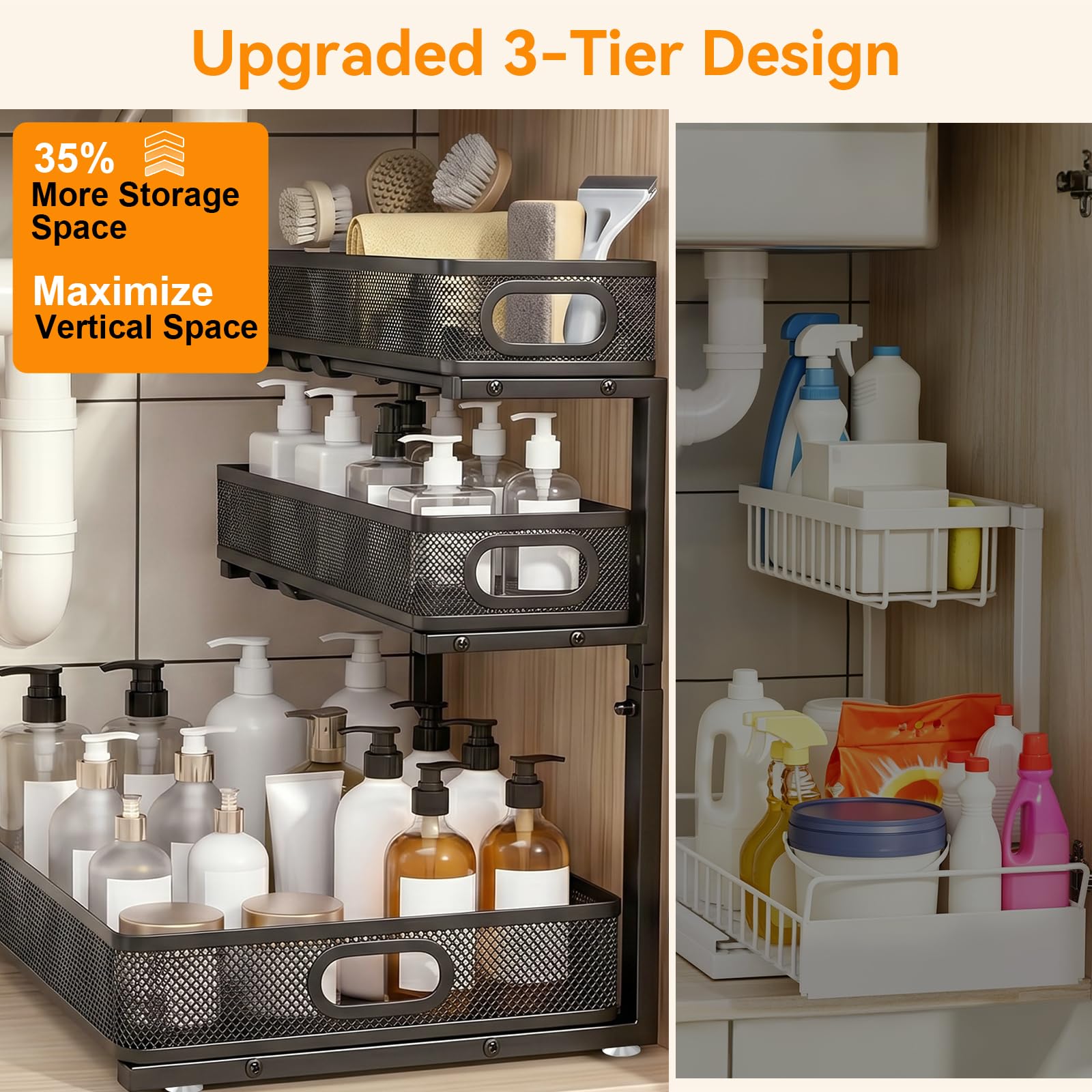 Organizador debajo del fregadero para baño, 3 niveles de altura ajustable debajo del fregadero, estante organizador de gabinete deslizante extraíble, organizador de gabinete multiusos de metal