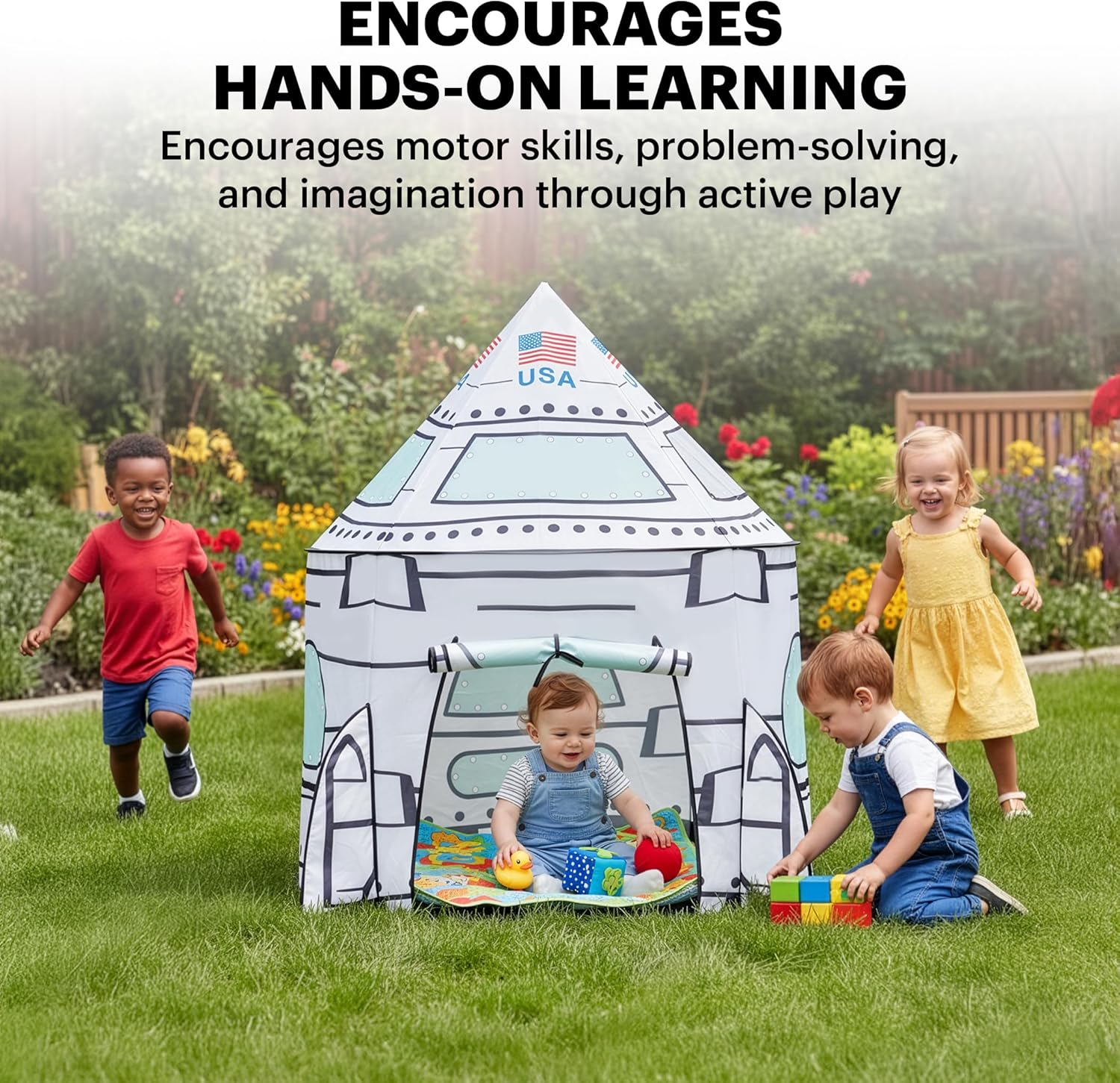 Lafyette. USA White Rocket Ship Play Tent with Tunnel, Pop Up Kids Playhouse Set, Indoor Outdoor Spaceship Tent for Boys Girls Toddlers, Imaginative Play Toy, Portable Foldable Children’s Play Set