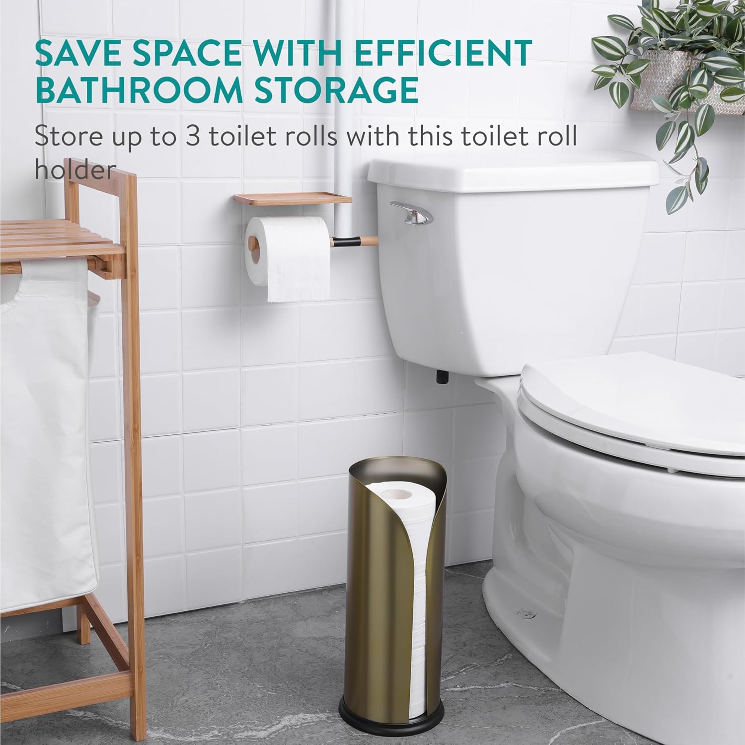 Navaris Toilet Roll Holder, Stainless Steel - Free Standing Storage Box for Up to 3 Loo Paper Rolls - Toilet-Roll Holders for Bathroom Organisation - Minimalist Design, Matte Gold