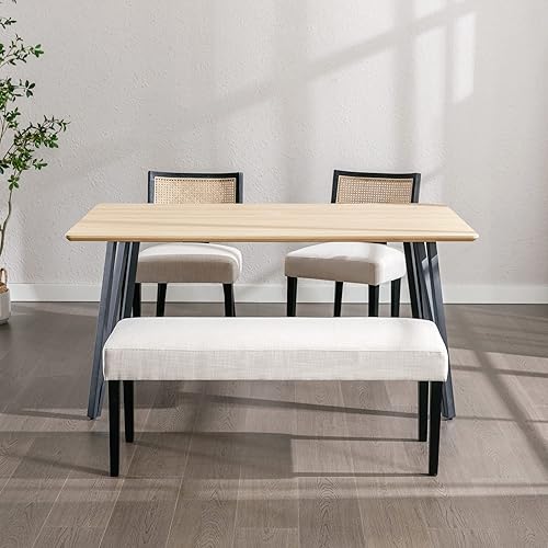 Miniatura 5 de Wahson Juego de 2 bancos de comedor tapizados de lino de granja, asiento de comedor de 45 pulgadas de largo con patas de madera negra, beige