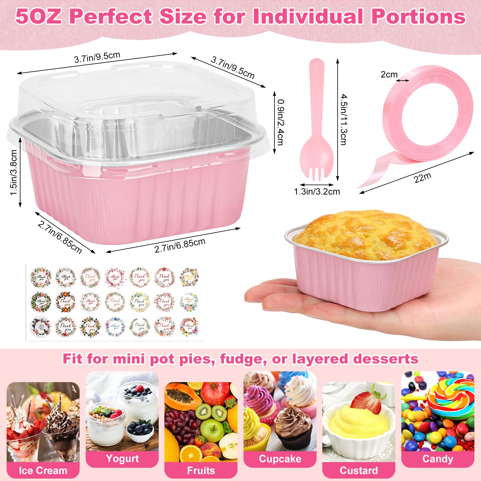 Mini-Kuchenformen mit Deckel und Löffeln, 142 ml, quadratische Aluminiumfolie, Kastenformen, Rosa, kleine Kuchenformen, Einweg-Backformen, Dessert-Cupcake-Becher mit Schleifen-Aufklebern, für Hochzeit