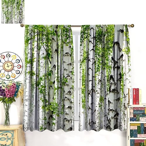 Miniatura 3 de Cortina opaca de árbol de abedul con hojas verdes, con aislamiento térmico, con bolsillo para barra, dormitorio, comedor, sala de estar, cocina, 2