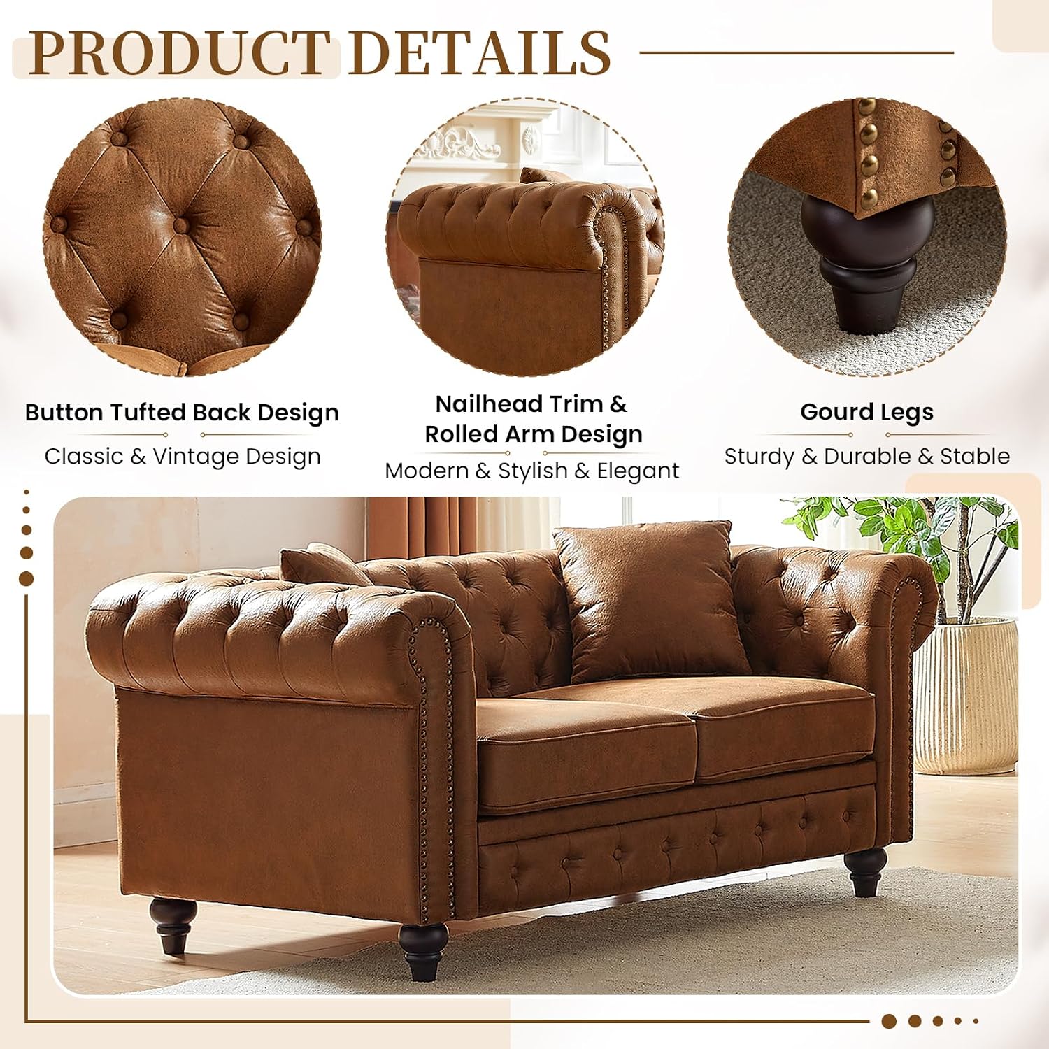 Mid Century Modern Loveseat Sofa, 63.5"W Faux Leather Button Tufted Small Couch with Nailhead Trim & Roll Armrest, Comfy Upholstered Chesterfield Sofa for Living Room, Office(2 Seater, Brown)