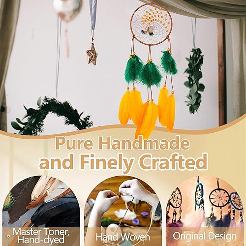 Miniatura 4 de Atrapasueños – Pluma de ganso naranja con pluma de pavo verde, cuero natural, atrapasueños hecho a mano para dormitorio, un atrapasueños para niñas,