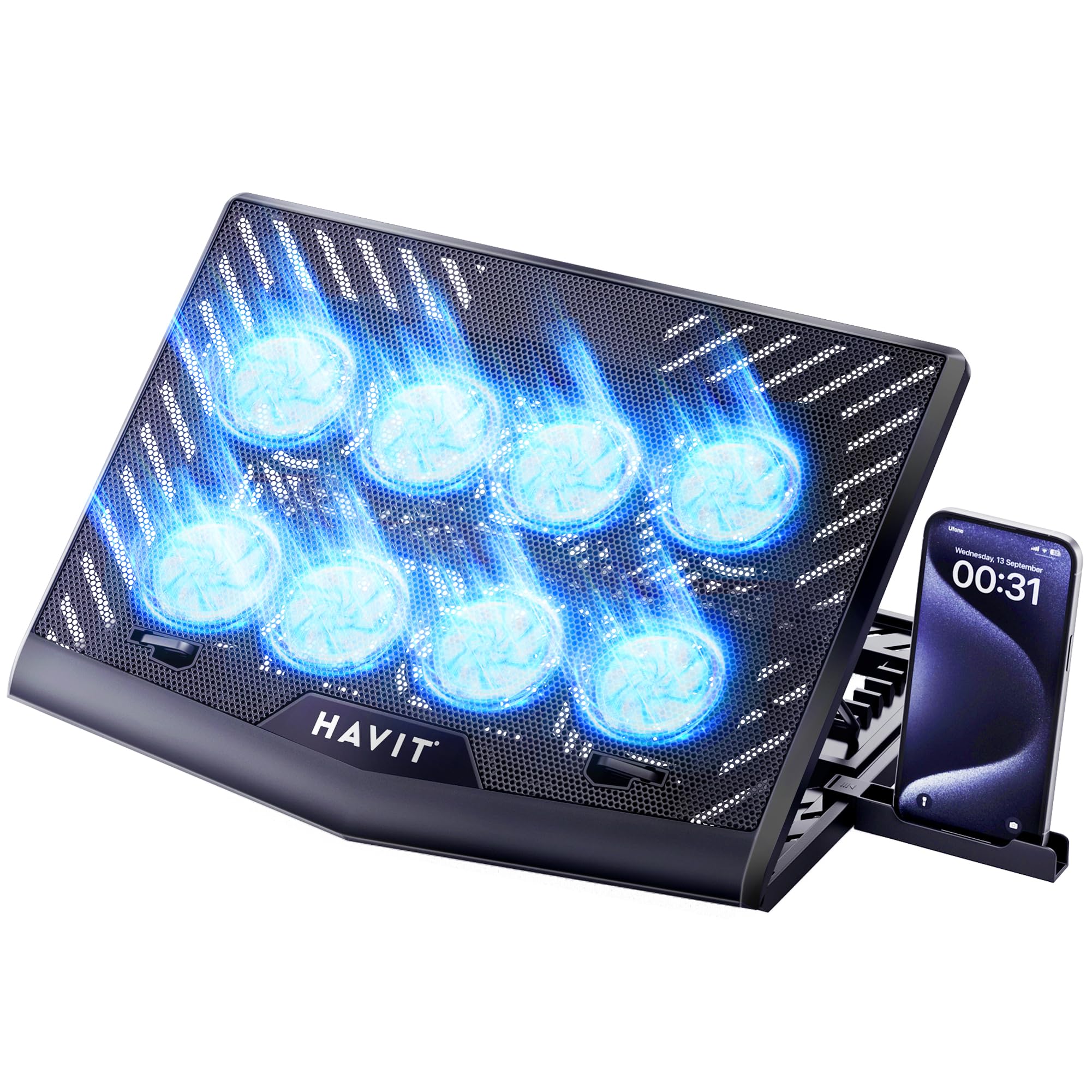 havitLaptop Cooling Pad with 8 Cooling Fans, Laptop Cooler 6 Adjustable Heights for 12-15.6 Inch Laptops, Gaming Laptop Cooling Stand with a Phone Stand Two USB Ports