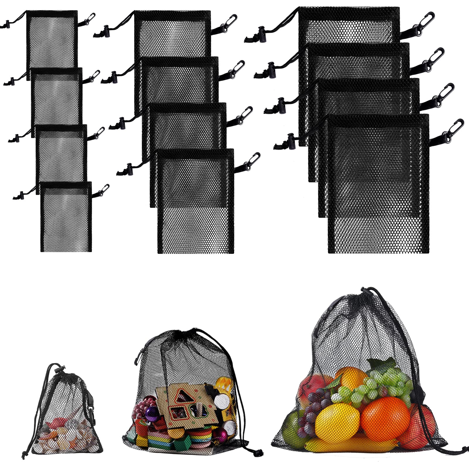 iMucci 12 Pieces Black Mesh Drawstring Bag with Clips, Nylon Drawstring Bags Pocket Foldable Beach Bag with Cord Lock for Swimming Collecting Toys